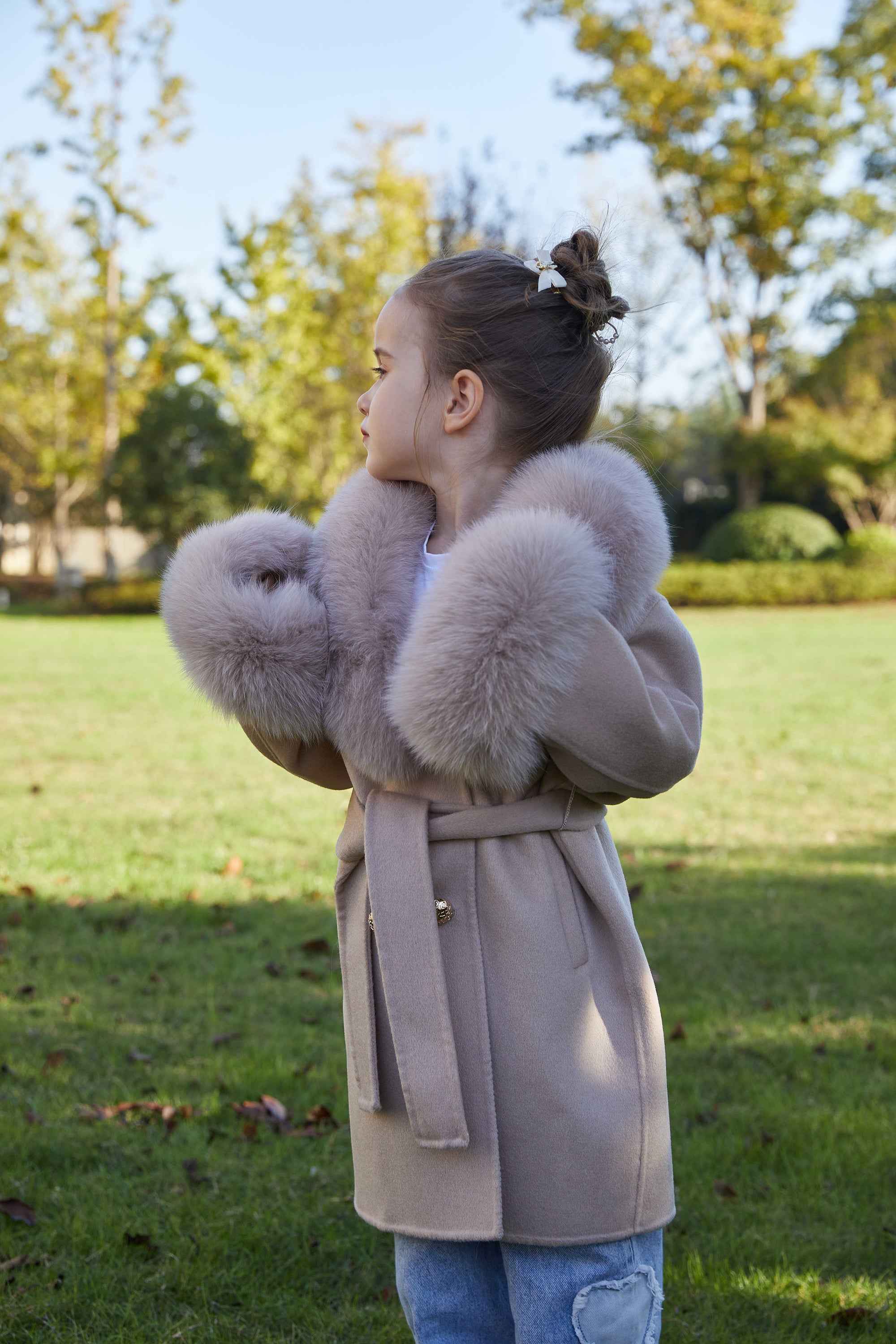 European Style Long Double Side Real Fur Shawl Collar Cashmere Wool Fur Children Coat