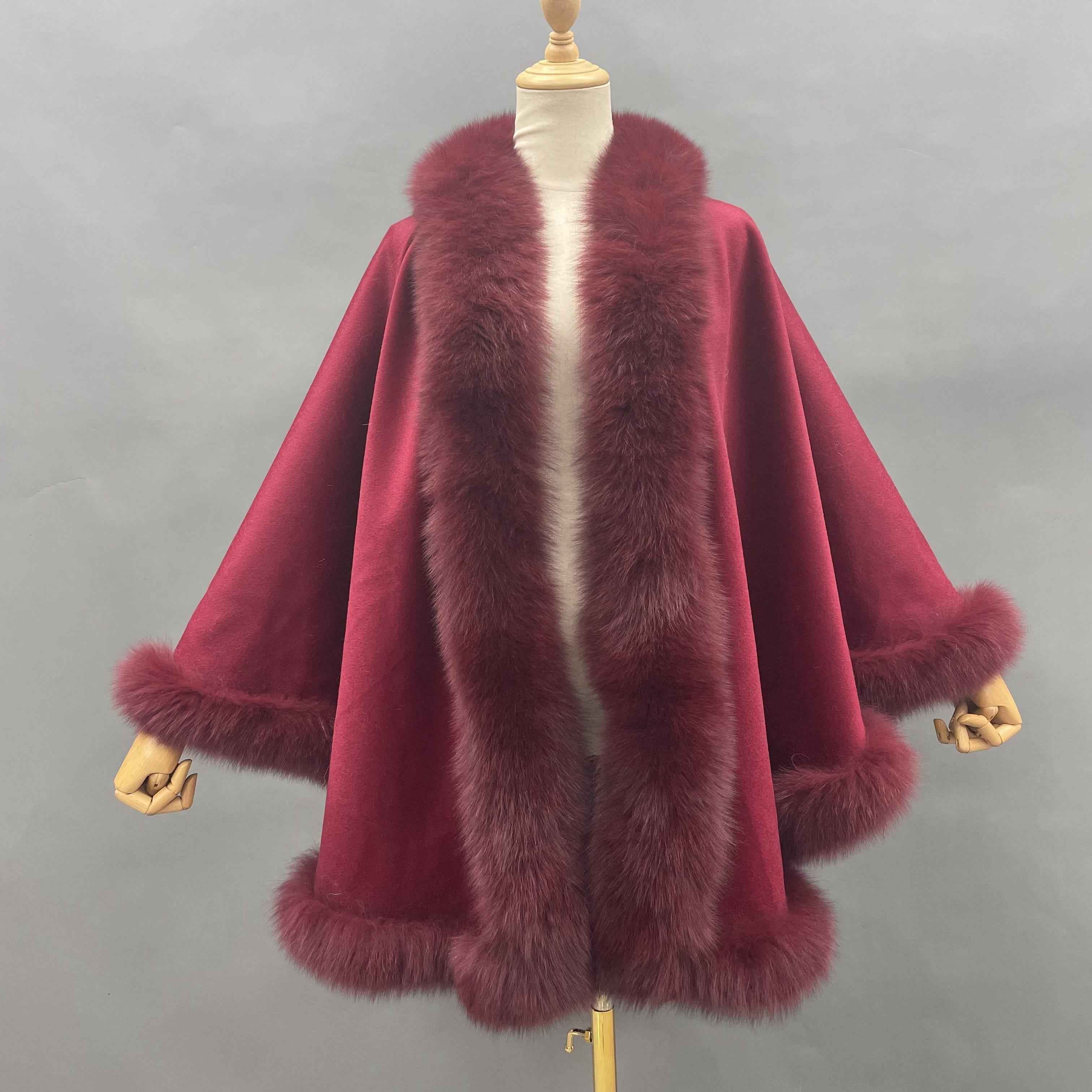 Women's Luxurious Cashmere Cape with Fox Fur Trim - Winter Fashion Outerwear 5#Wine F