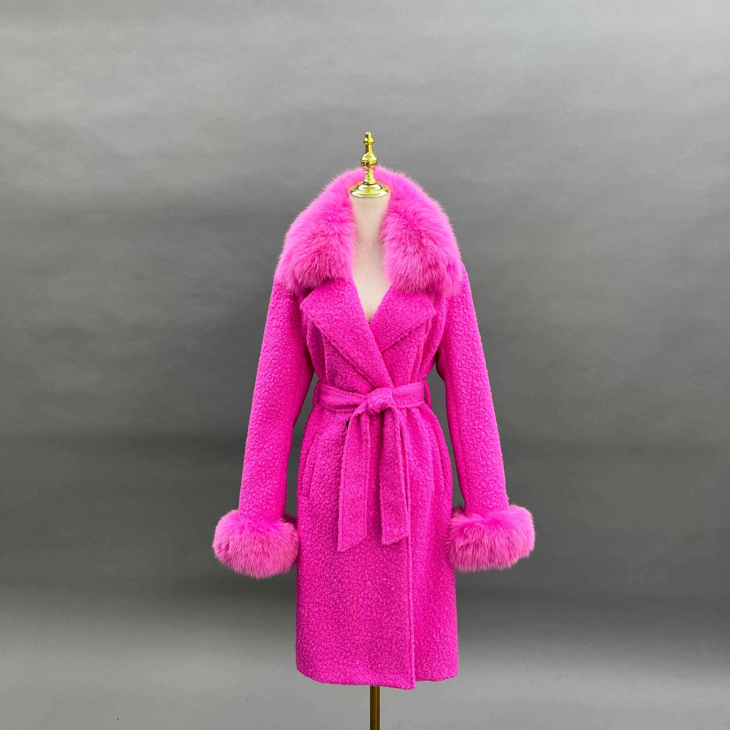 Women's Single - Faced Cashmere Coat with Faux Fur Collar and Cuffs, Belted Winter Outerwear