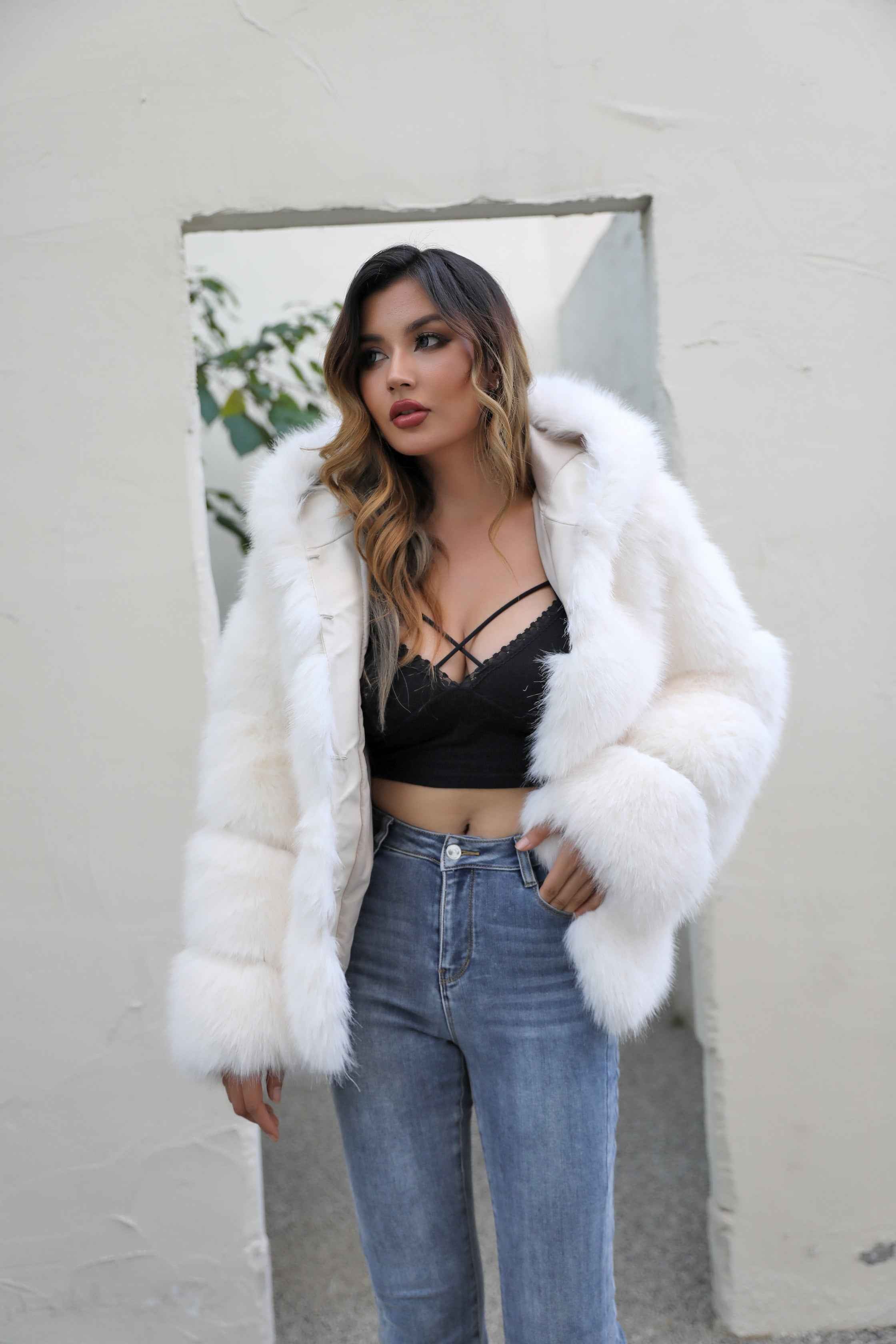 Women's 5-Panel Sleeve Hooded Faux Fur Coat with Diagonal Stripes - Highly Realistic Luxury Winter Outerwear