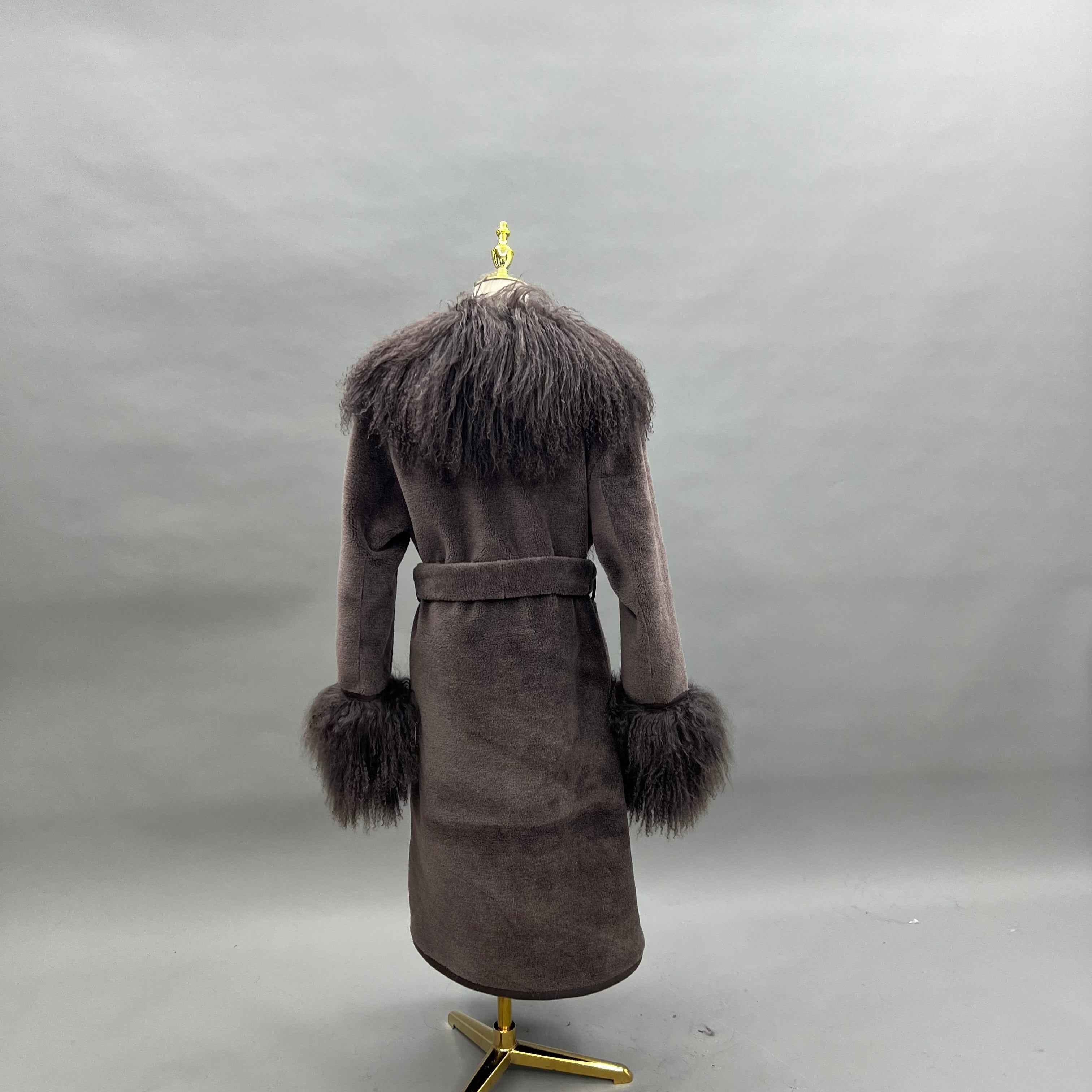 Luxury Shearling Long Coat with Tibetan Lamb Fur Trimmed Cuffs & Placket, Belted Design