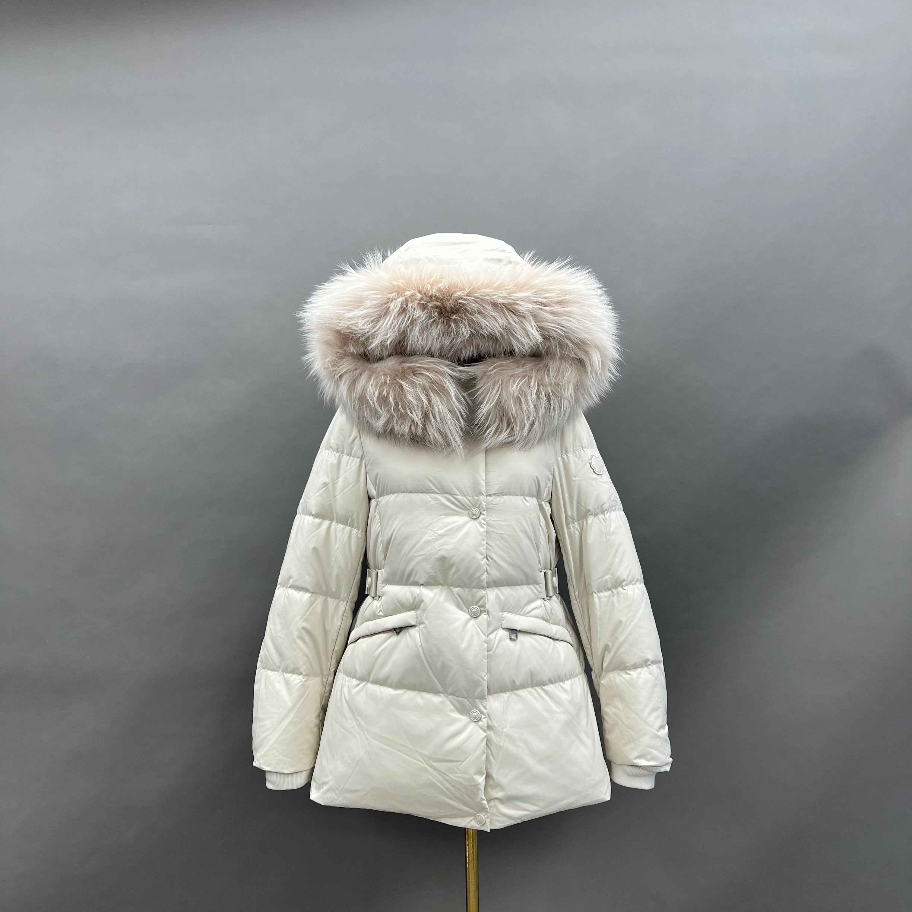 Women's Short Down Jacket with Raccoon Fur - Trimmed Hood