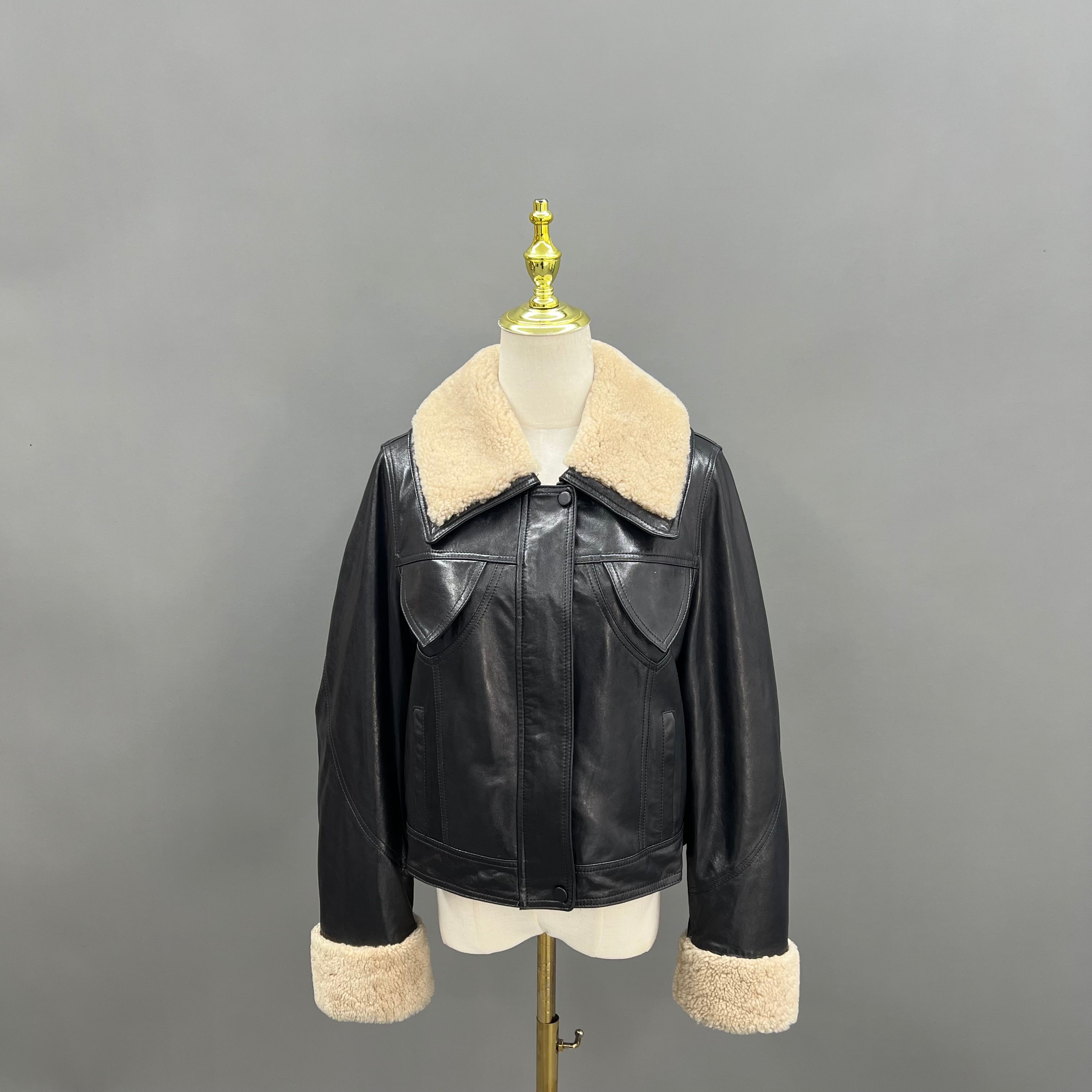 Women’s Black Shearling Leather Jacket with Down Filling – Short Aviator Style Winter Coat for Warmth and Fashion Black