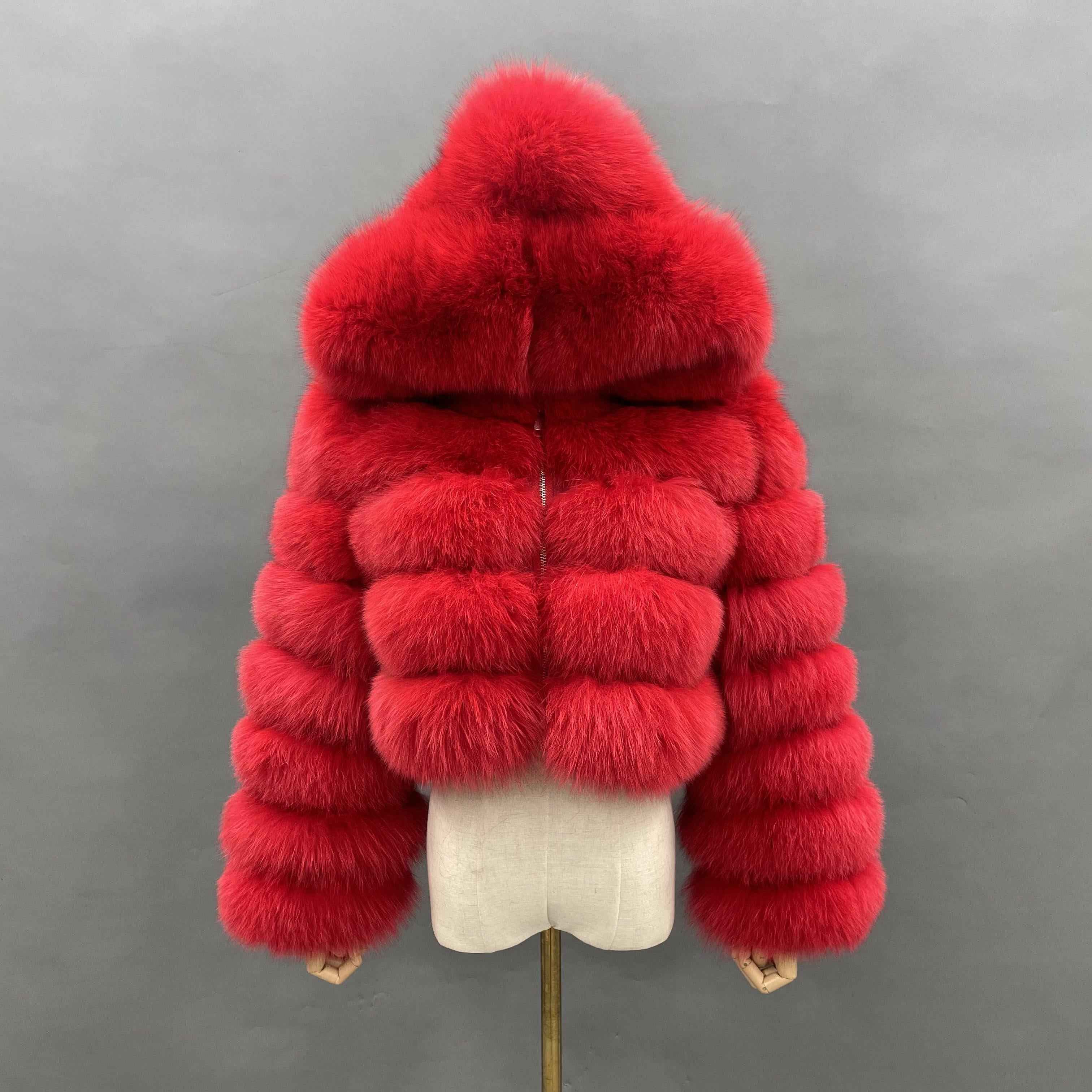 Women's Premium Fox Fur Cropped Hooded Jacket - 3-Panel Body & 6-Panel Sleeves with Zipper Closure Winter Fashion Warm Coat Red