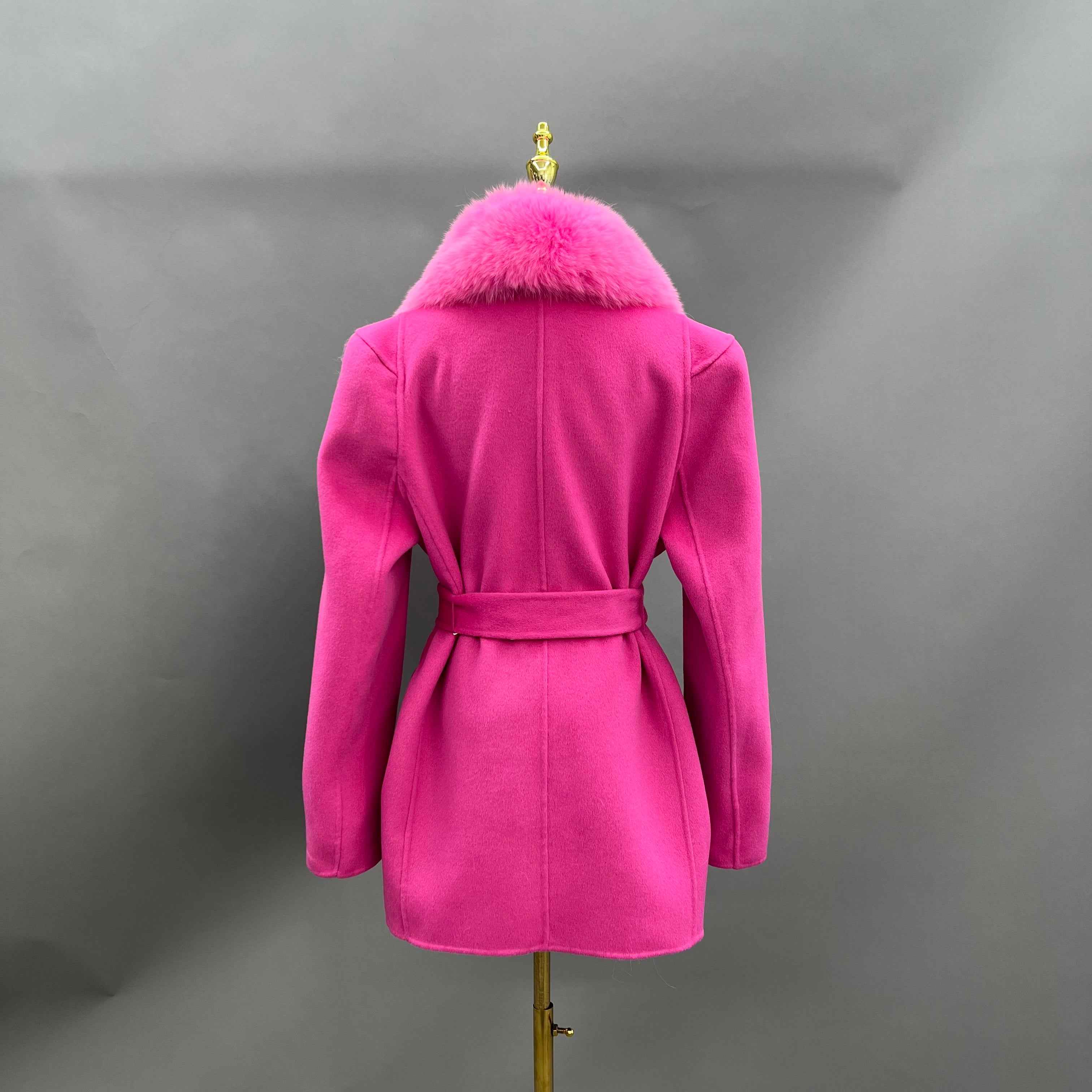 Cashmere Double Faced Coat with Fox Fur Collar, Tie Belt and Shoulder Pads