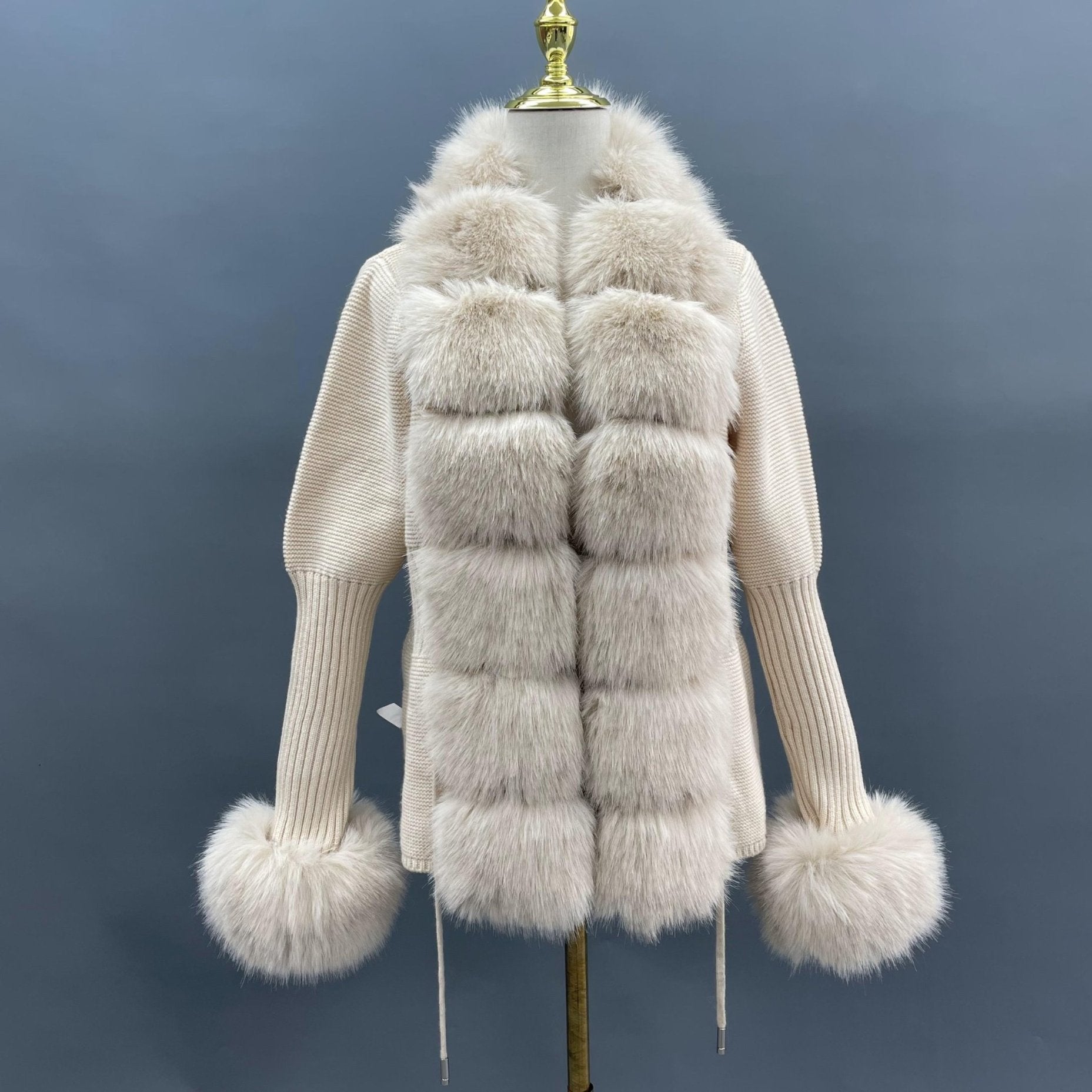 Women's Knitted Sweater Coat Cuff Placket with Eco-Fur Faux Fur - Janefur