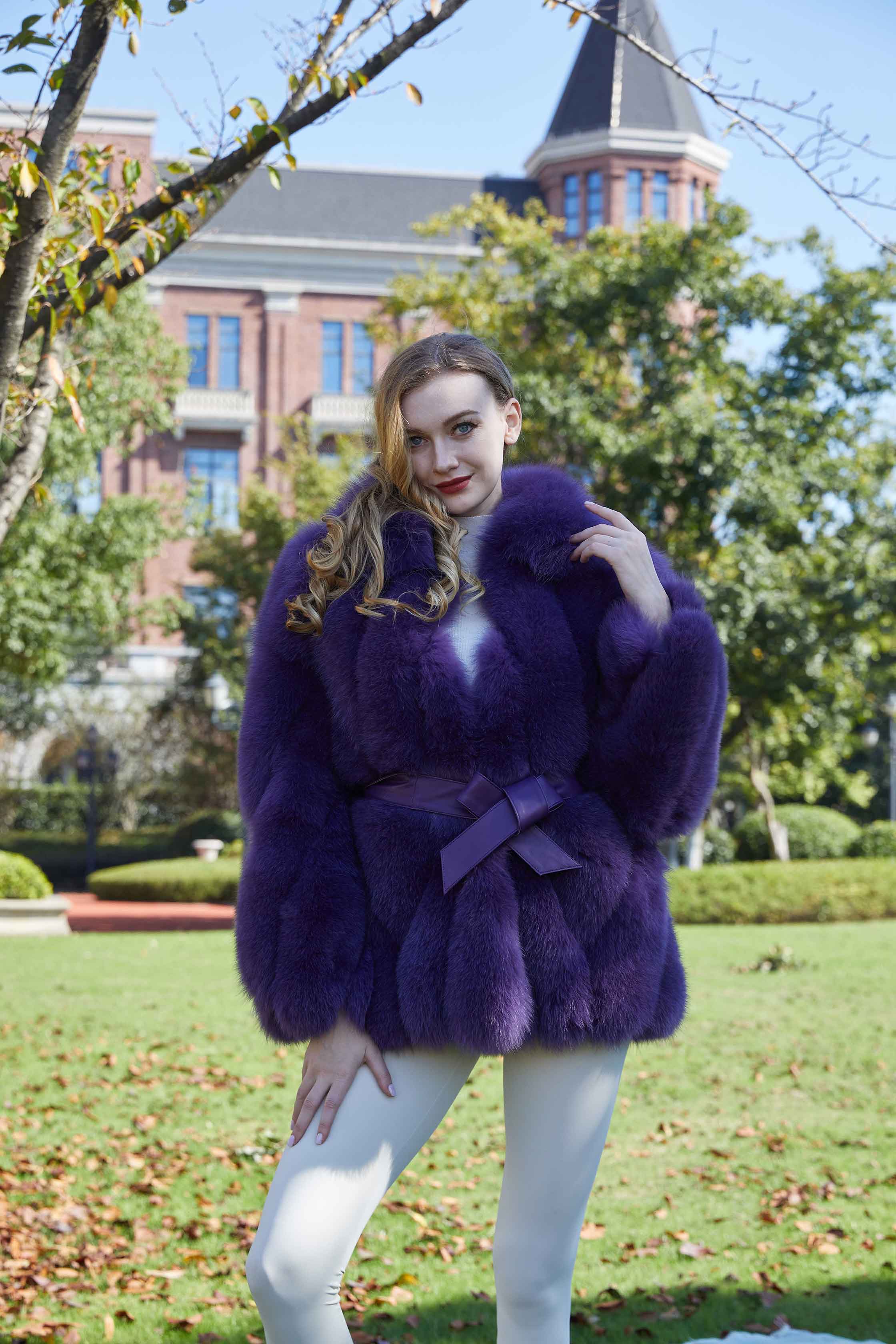 Lapel Genuine Fox Fur Womens Coat Leather Belt Style Fur Coat - Janefur