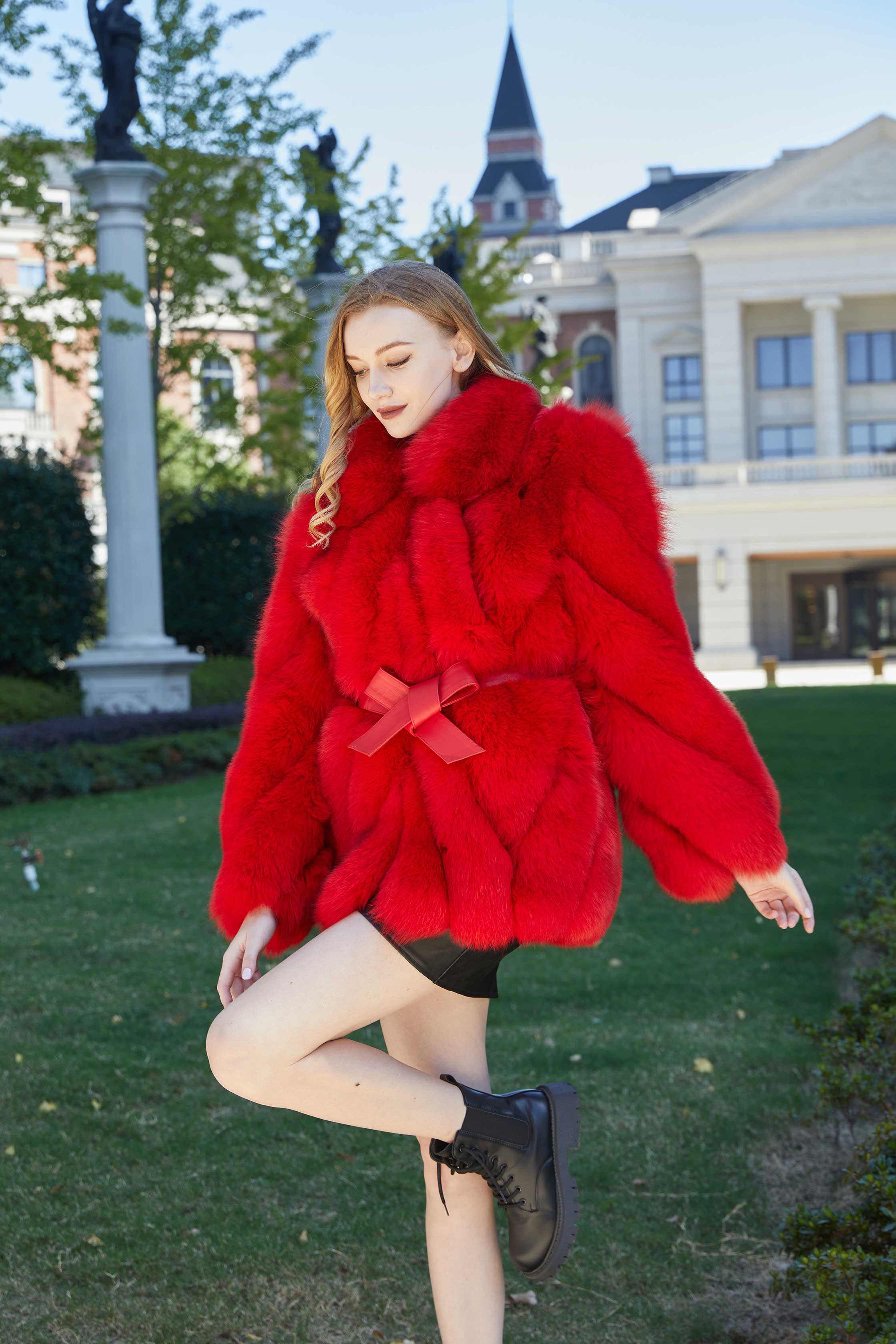 Lapel Genuine Fox Fur Womens Coat Leather Belt Style Fur Coat - Janefur