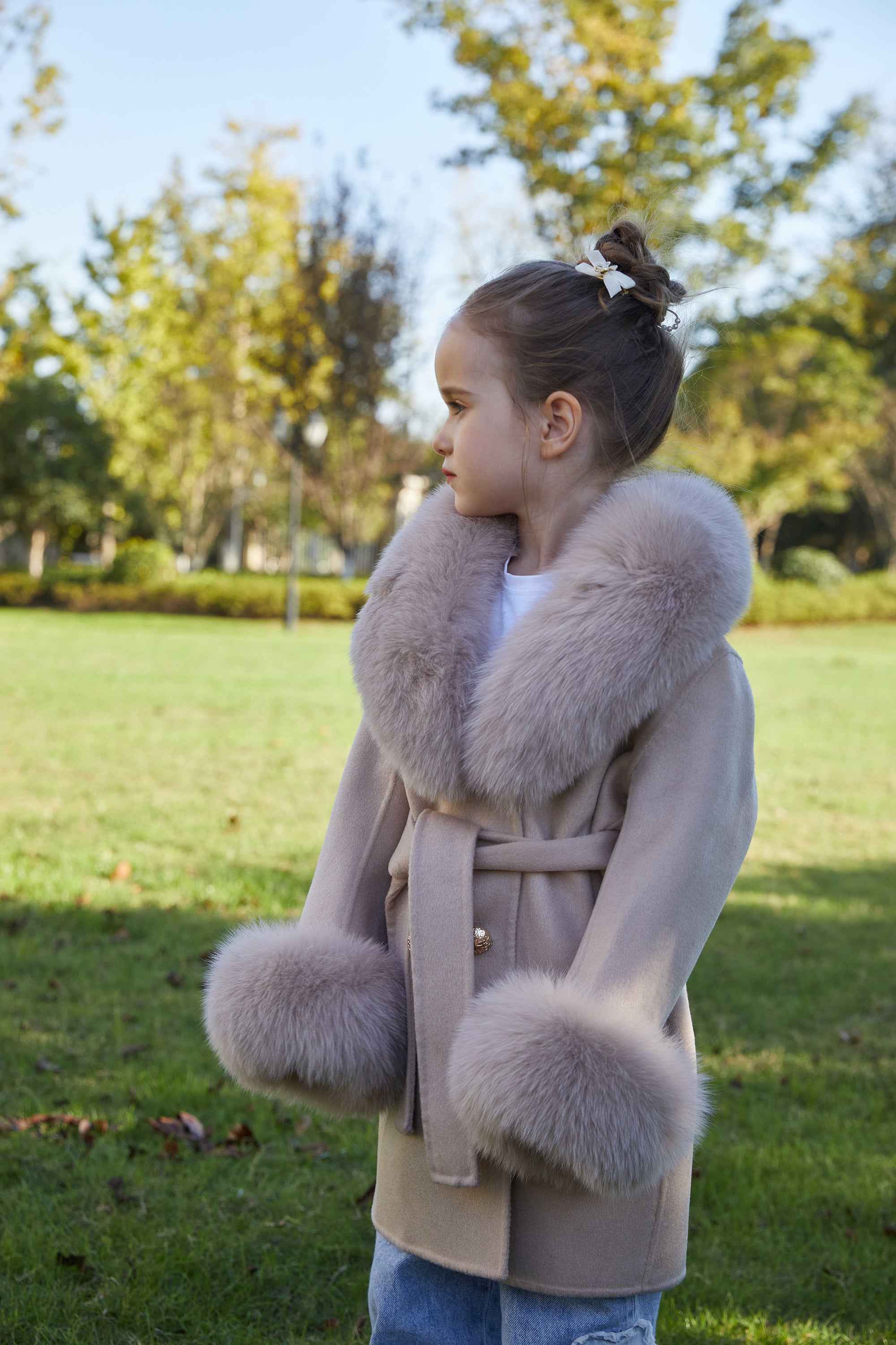 European Style Long Double Side Real Fur Shawl Collar Cashmere Wool Fur Children Coat