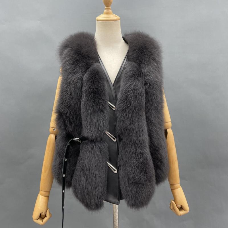 Vertical Stripe Buckle Decorated Draped Fox Fur Vest (Short) - Janefur