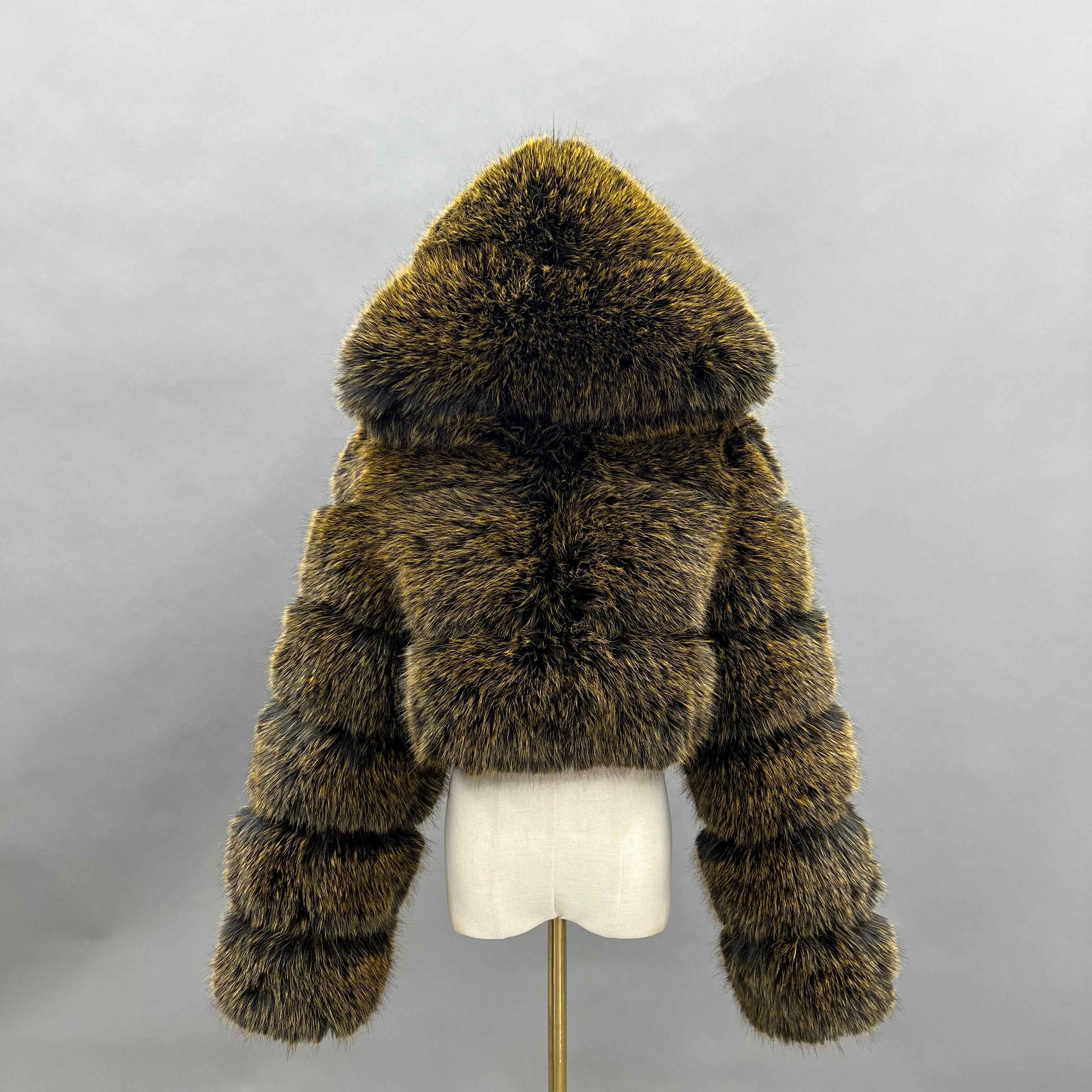 Three - Panel Faux Fur Cropped Hooded Coat