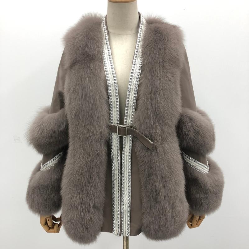 Women's Fox Fur Patchwork Leather Rivet Front Winter Coat - Janefur