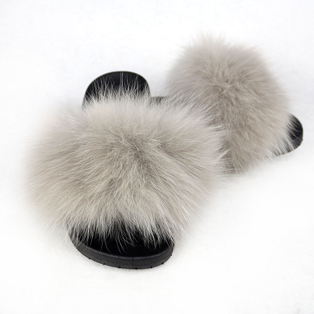 Janefur Wholesale Women's Fashion Slippers With Real Fox Fur Trim (Black, Gold, Silver Soles)
