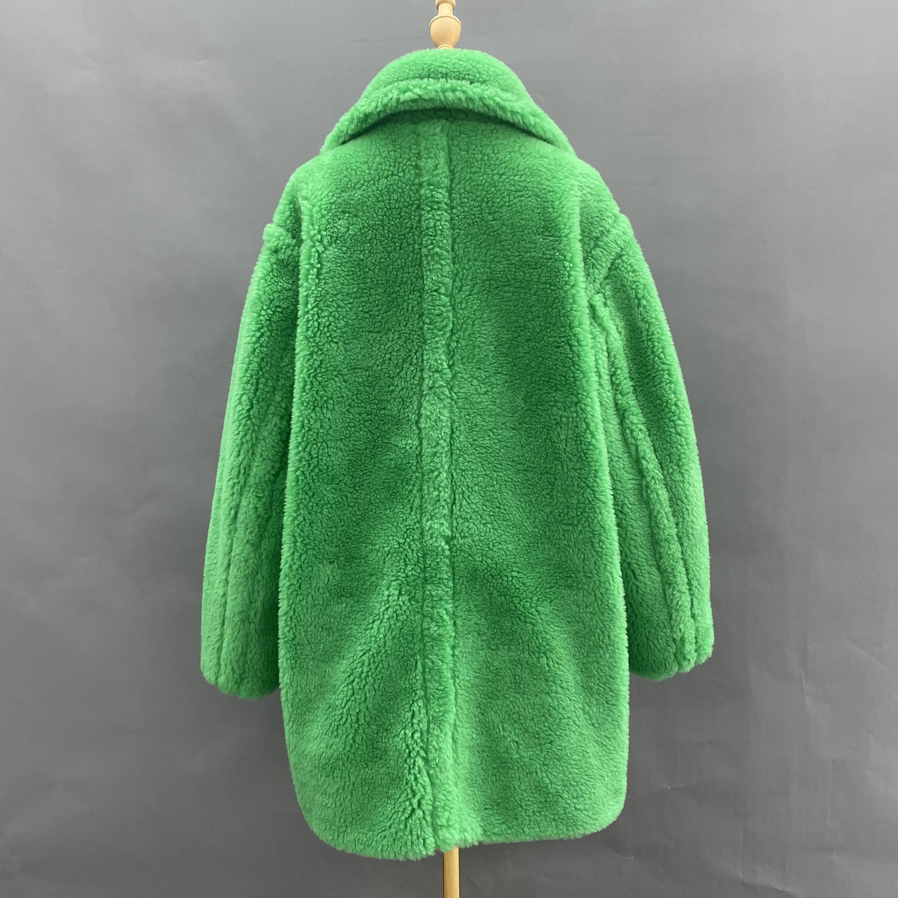 Women's Lime Green Sheepskin Shearling Coat with Asymmetric Pocket Flaps, Double-Breasted Notched Lapel - Luxe Winter Outerwear