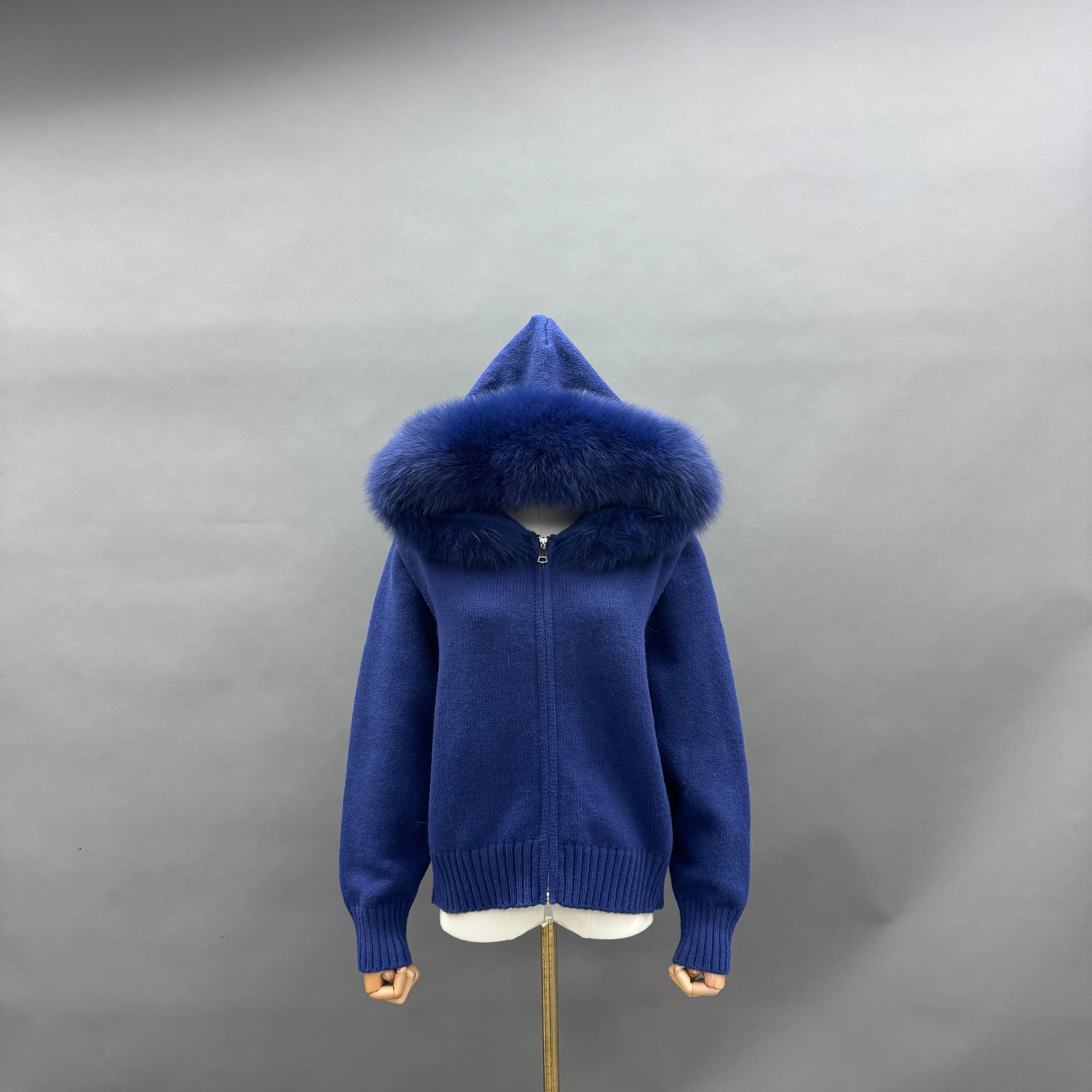 Women’s Beige Sheep Wool Knit Hooded Jacket with Real Fox Fur Trim – Full-Zip Winter Coat for Cold Weather Fashion 10#Blue F-chest 104