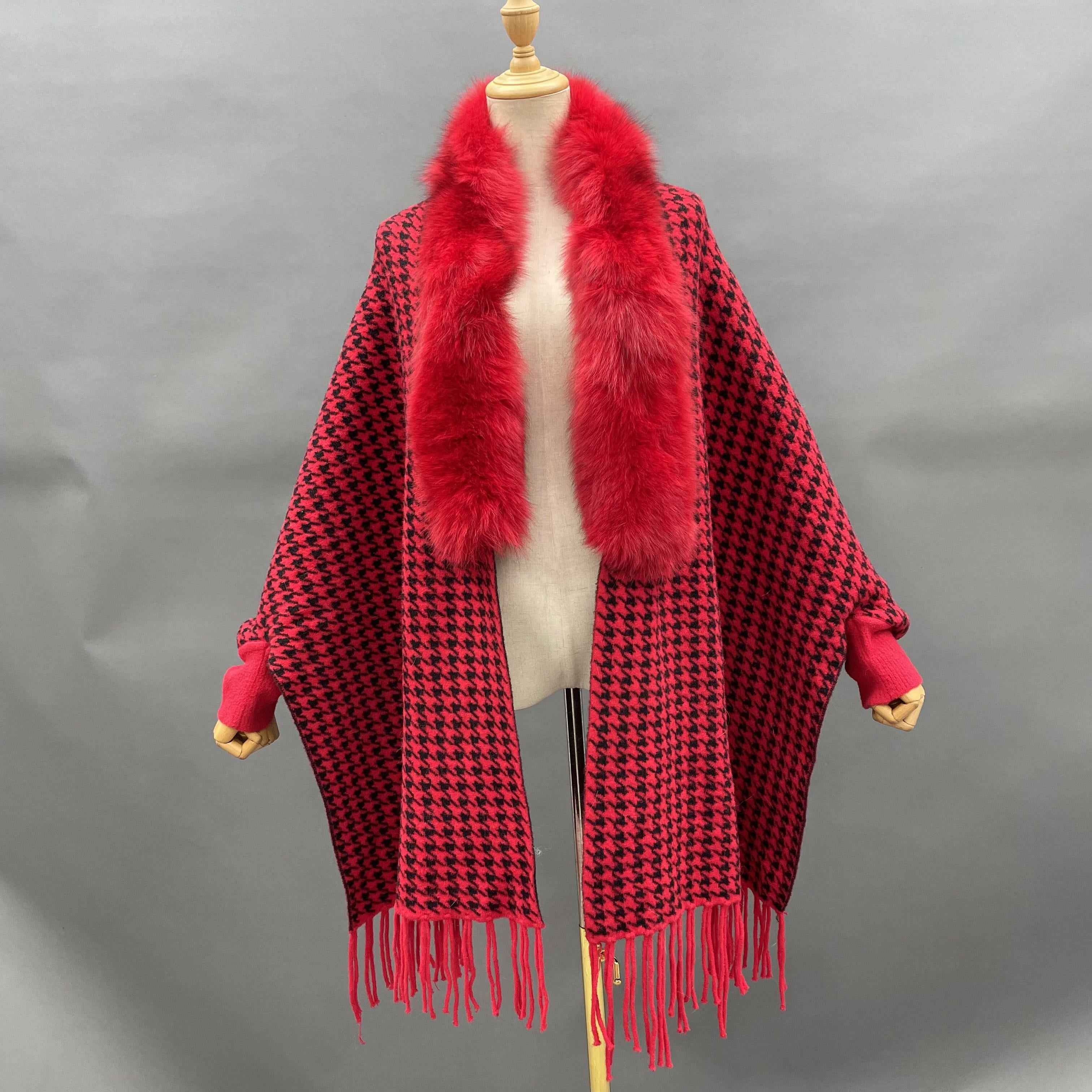Women's Houndstooth Cape with Fox Fur Collar, Ribbed Cuffs & Fringe Detail - Luxurious Winter Outerwear F