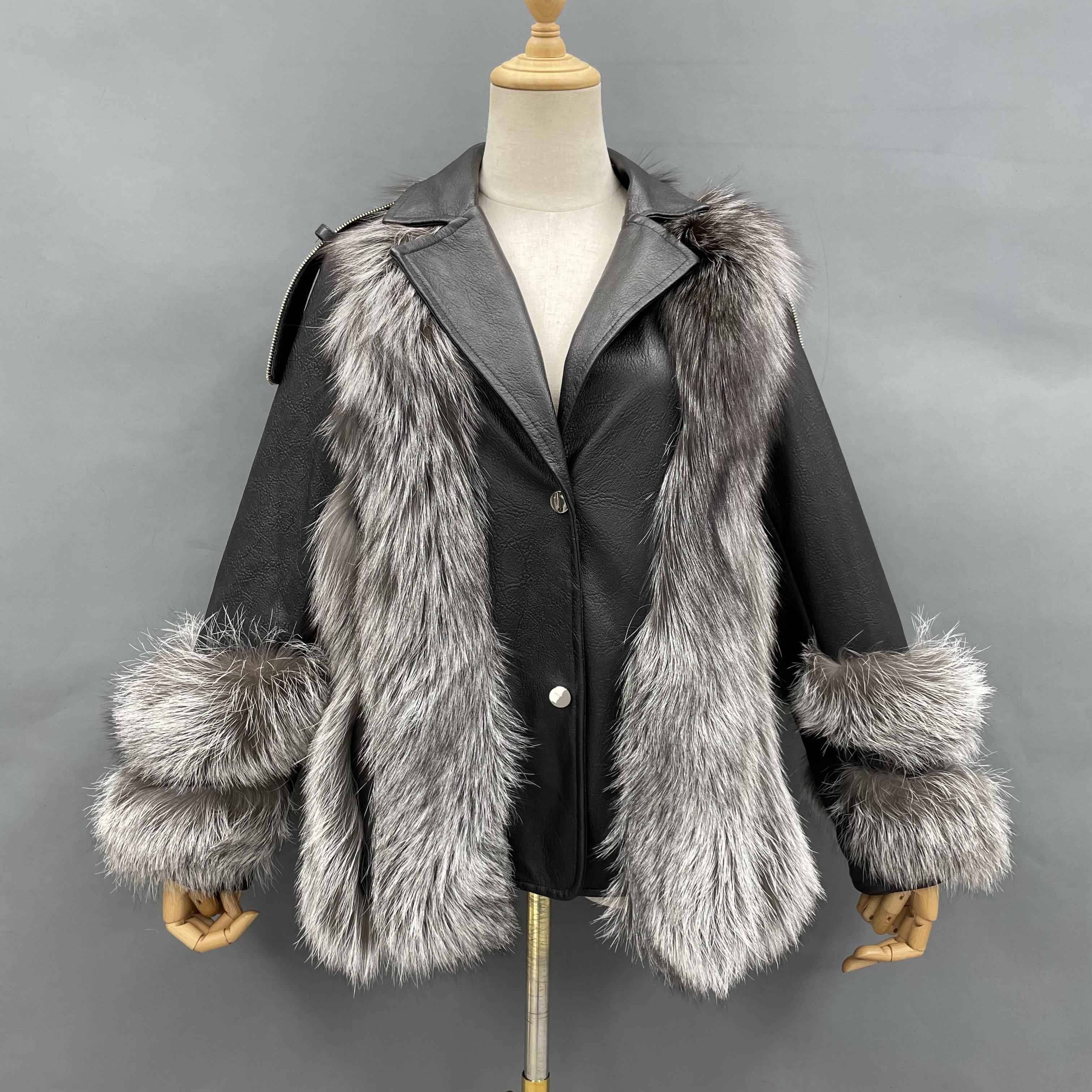 Women's Luxury Fox Fur & Leather Patchwork Jacket - Notched Lapel with Fur-Cuffed Sleeves & Shoulder Strap Detail Winter Fashion Outerwear