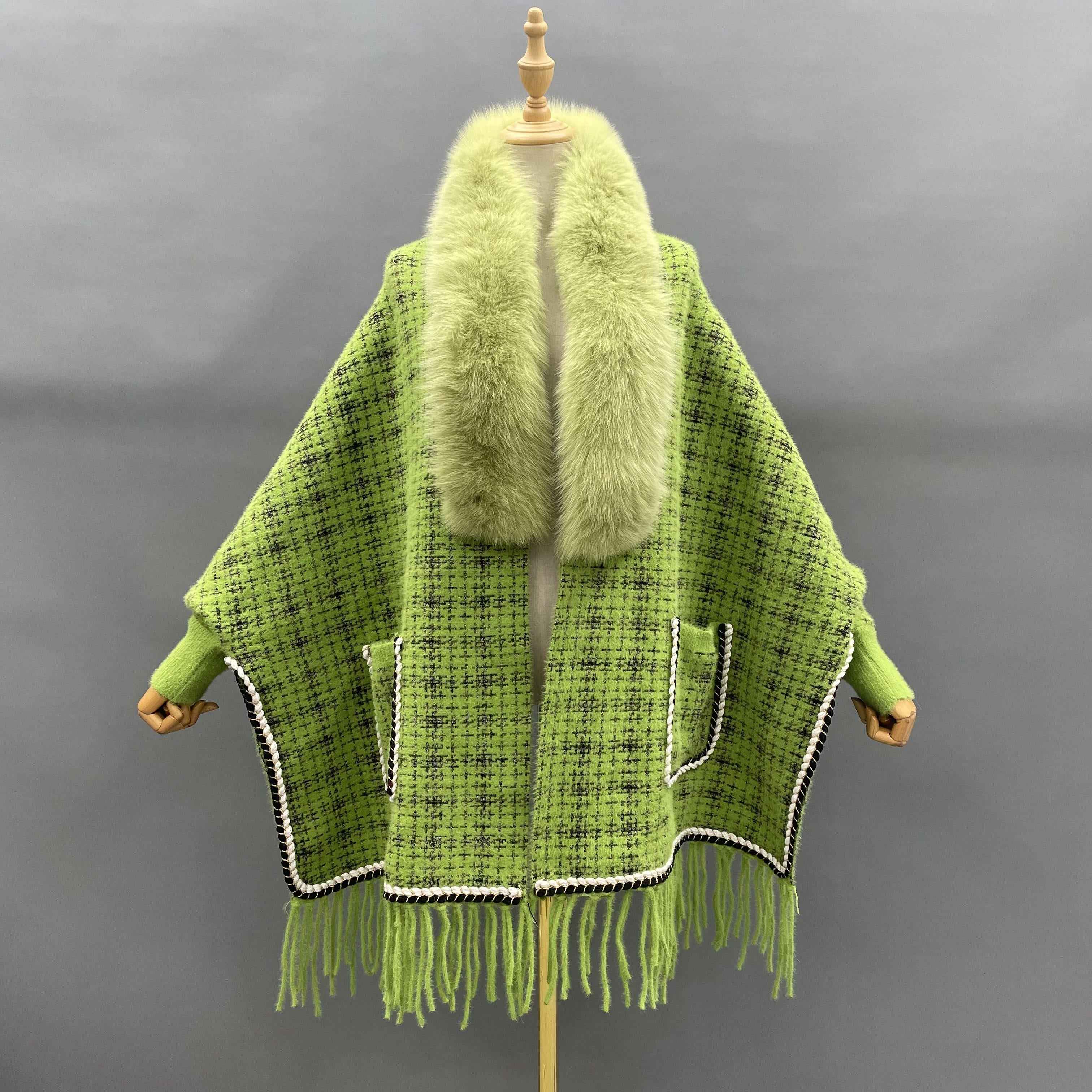 Women's Luxurious Chanel-Style Tweed Check Shawl Cardigan with Fox Fur Collar, Ribbed Cuffs & Fringe Detail - Winter Fashion Outerwear 6#Green F