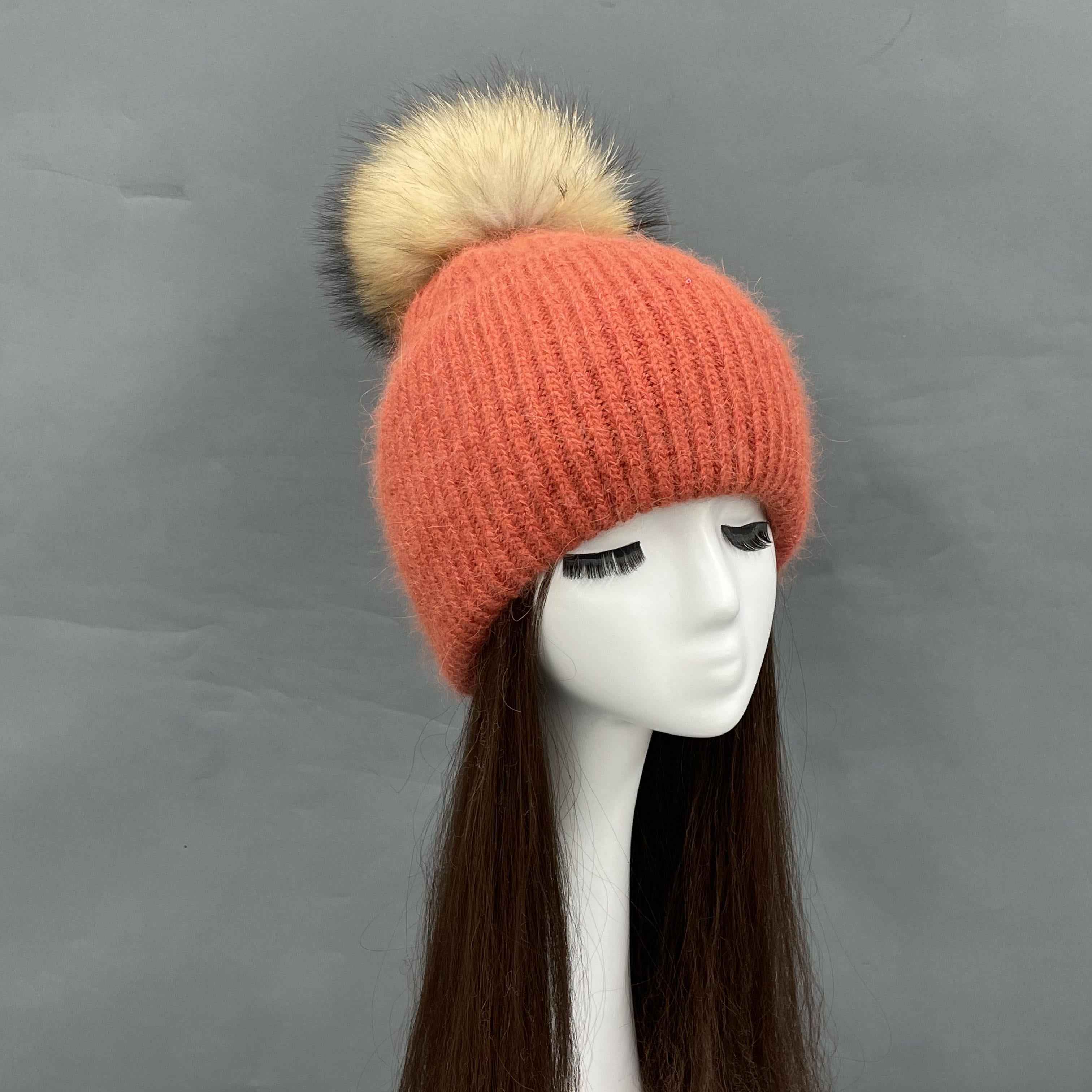 Wholesale Shiny Rabbit Fur Knit Beanie – Raccoon Fur Pompom Top, Winter Hat for Women, Premium Warmth & Fashion in Bulk 4#Orange