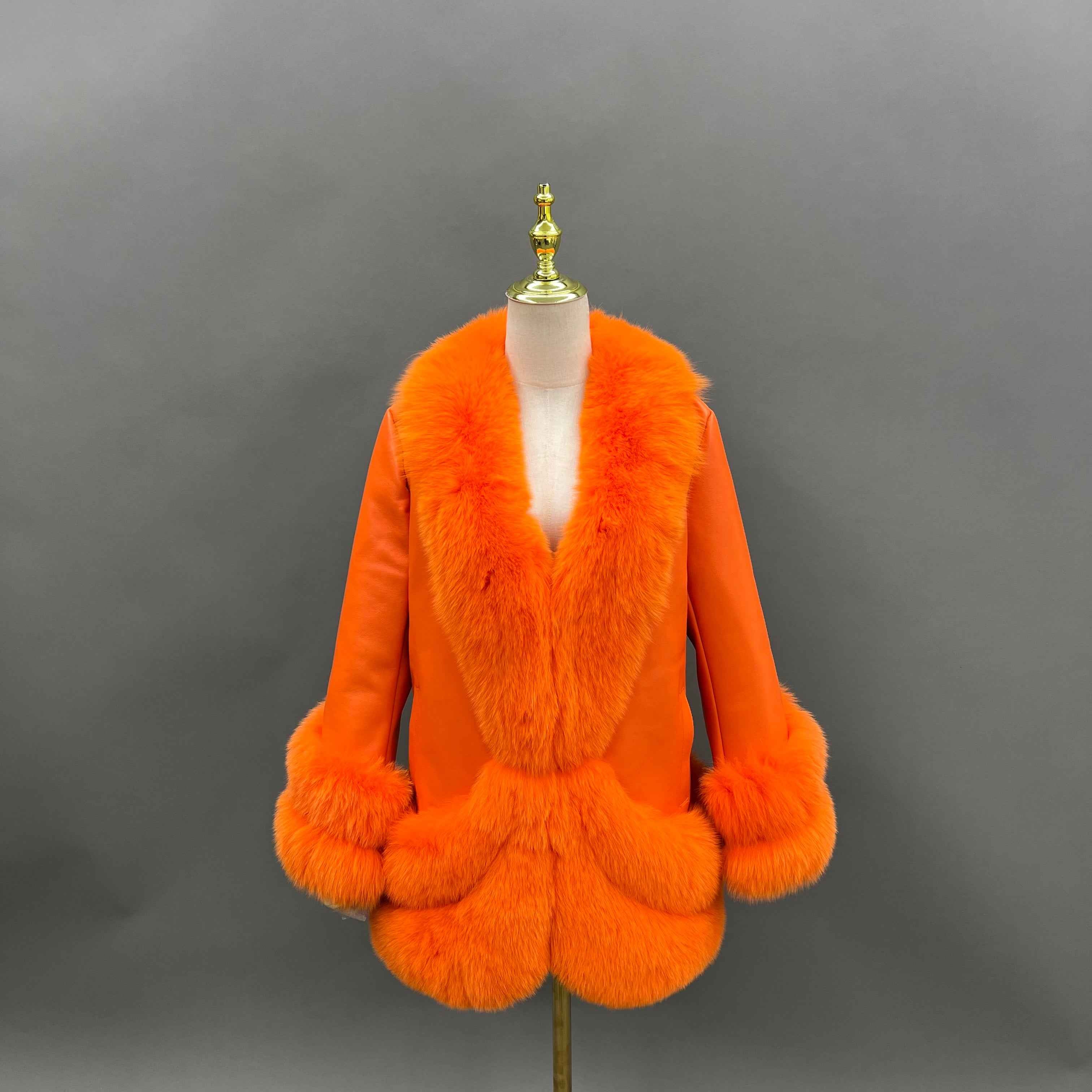 Women's Patchwork Leather Down Jacket with Fox Fur Trim