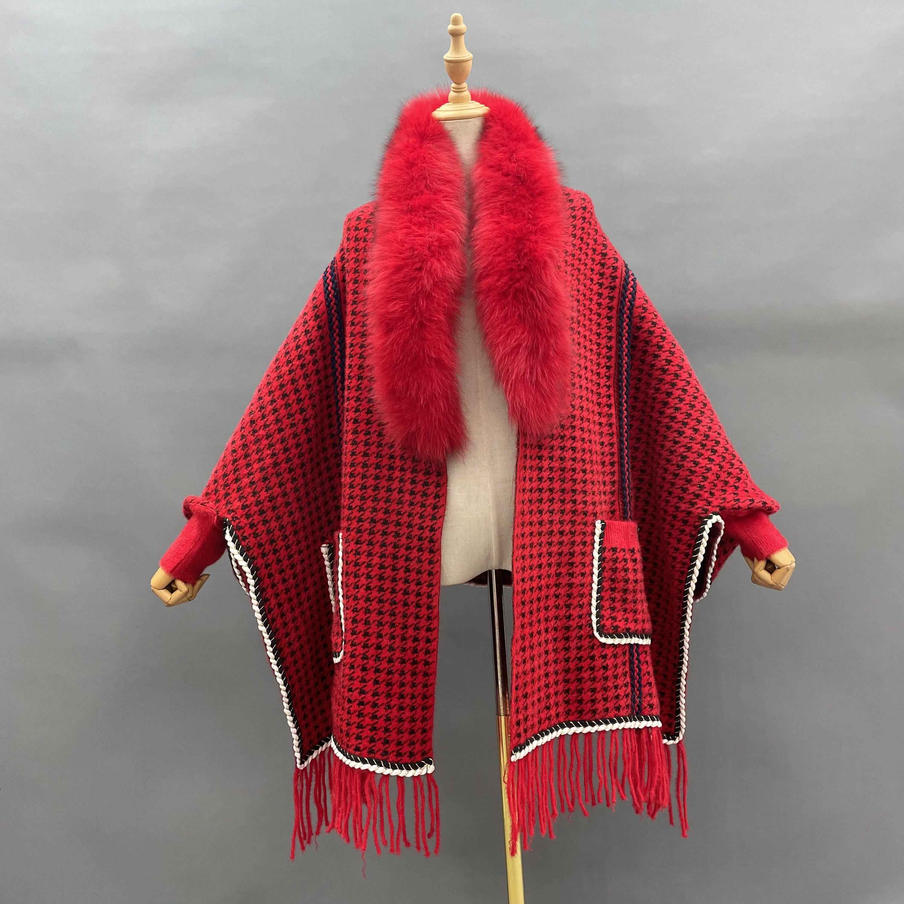 Women's Houndstooth Cape with Fox Fur Collar, Webbing Details, Pockets & Fringe - Luxurious Winter Shawl Accessory 1#Red F