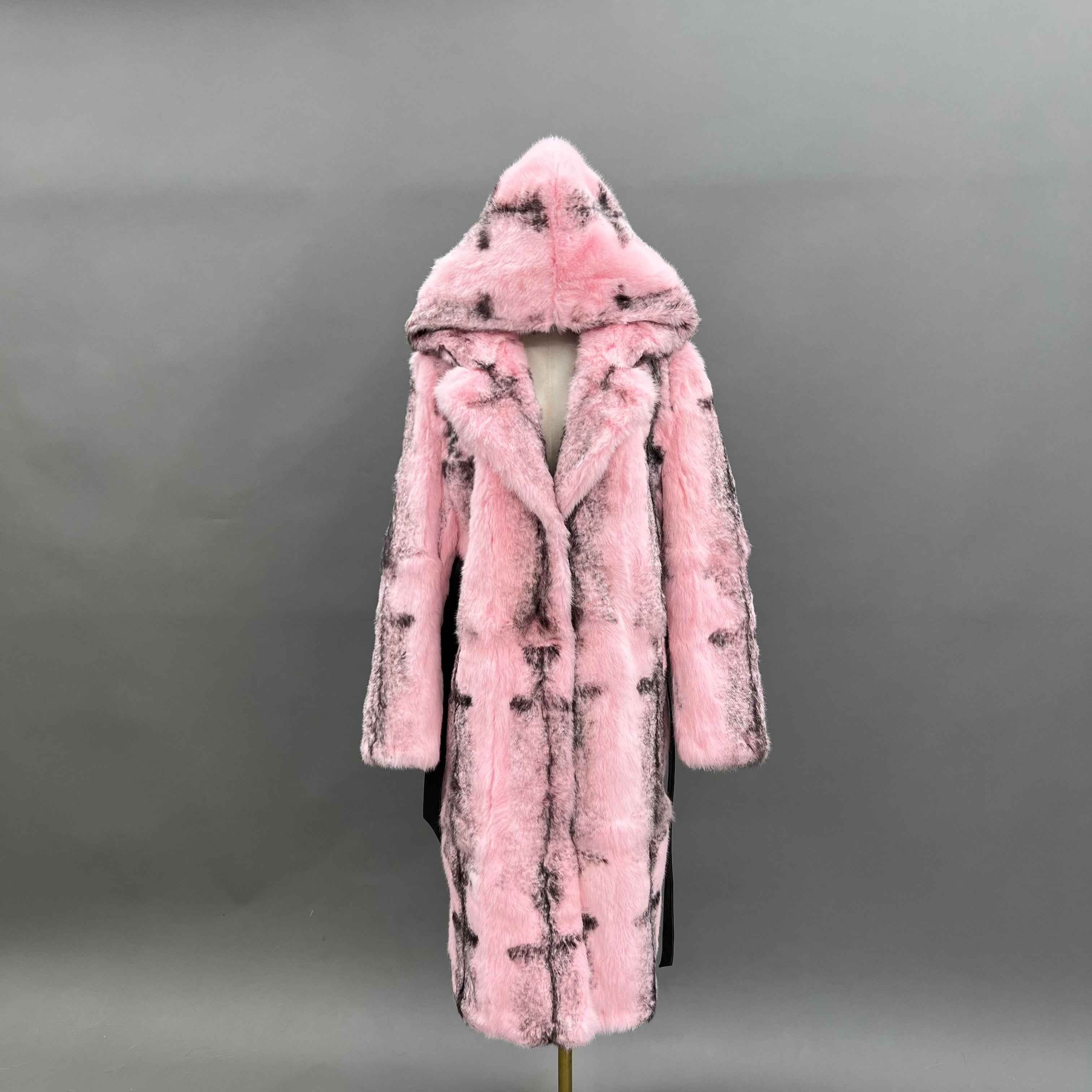 Luxury Pink Rabbit Fur Coat with Hood and Notched Lapel – Long Women’s Winter Fur Jacket with Belt