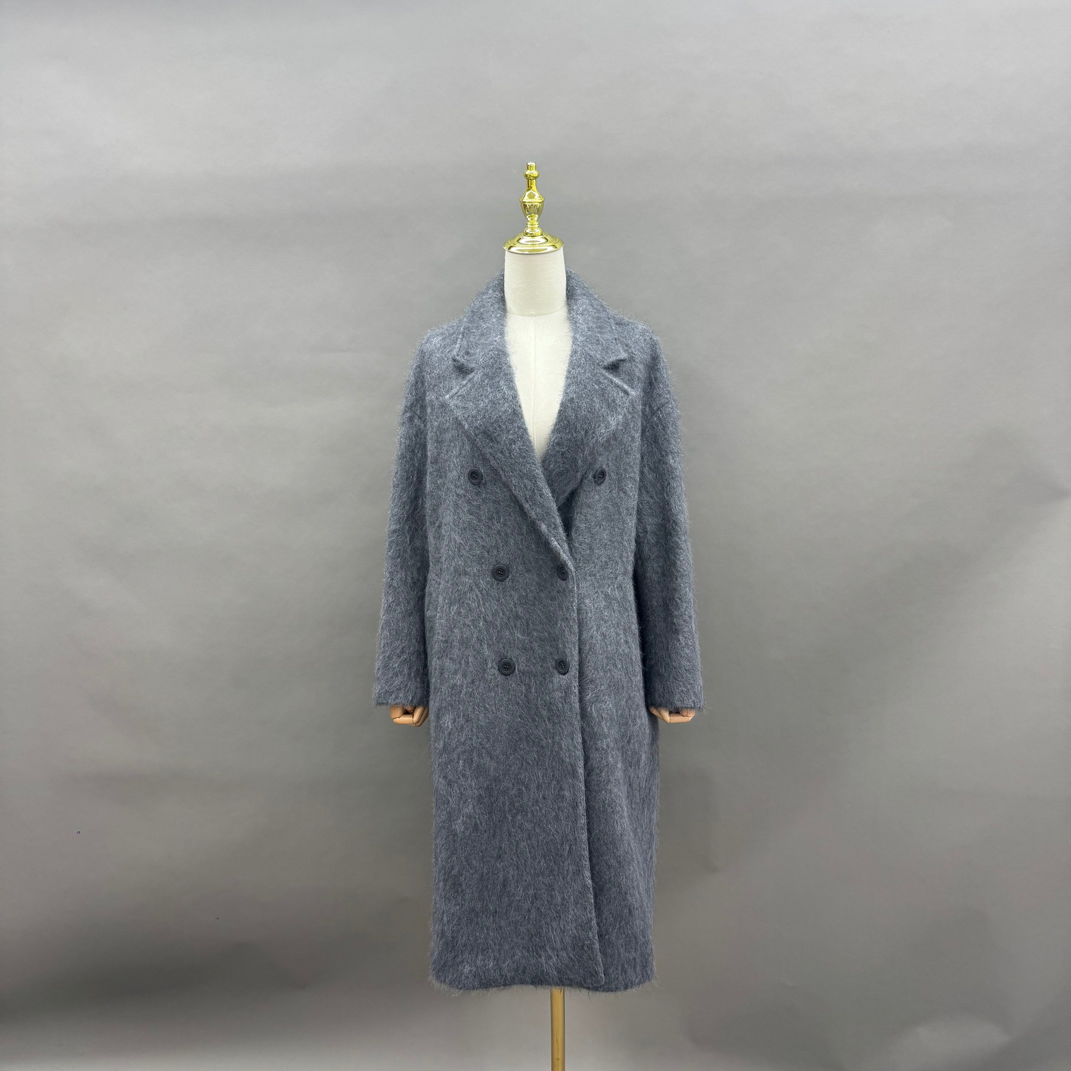 Women’s Gray Wool and Cashmere Blend Double-Breasted Long Coat – Classic Notched Lapel Winter Outerwear for Elegant Fashion 3#Grey