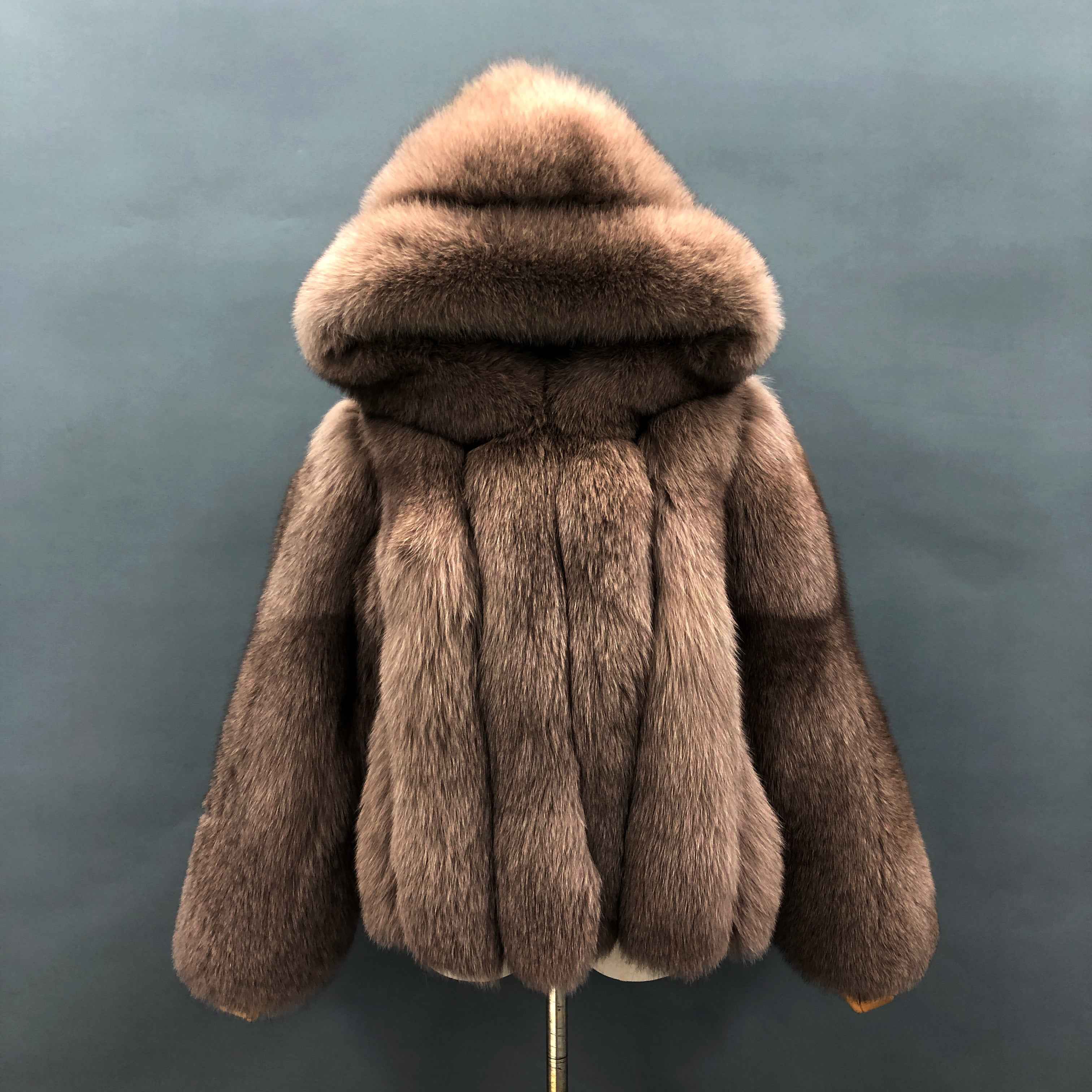 Luxury Fluffy Red Fox Fur Hooded Coat with Vertical Stripes - Short Winter Jacket Brown Contact us to customized