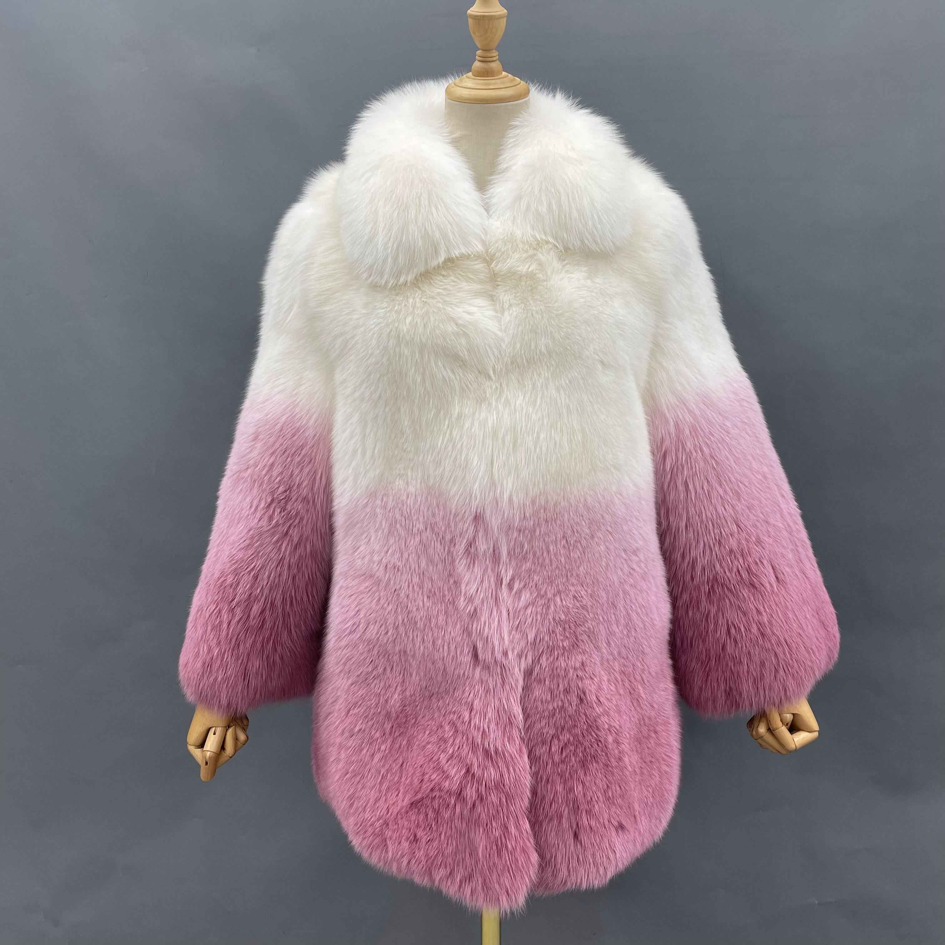 Women's Luxury Trendy Ombre Fox Fur Coat - High-End Winter Warm Fashion Jacket White Pink