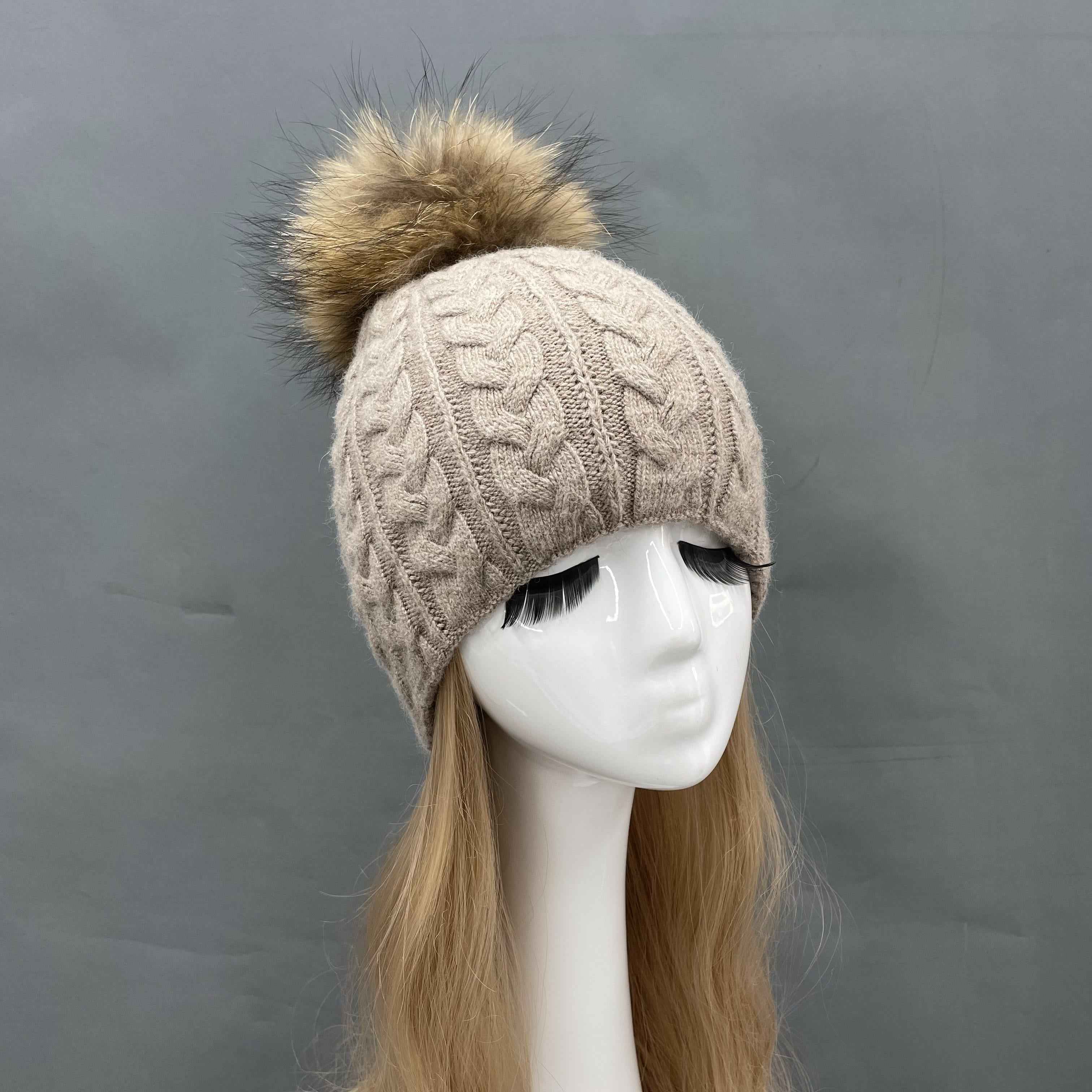 Women's Black Cable Knit Beanie with Real Raccoon Fur Pom-Pom – Soft Rabbit Blend Winter Hat for Women 3#Camel a25 b42-70
