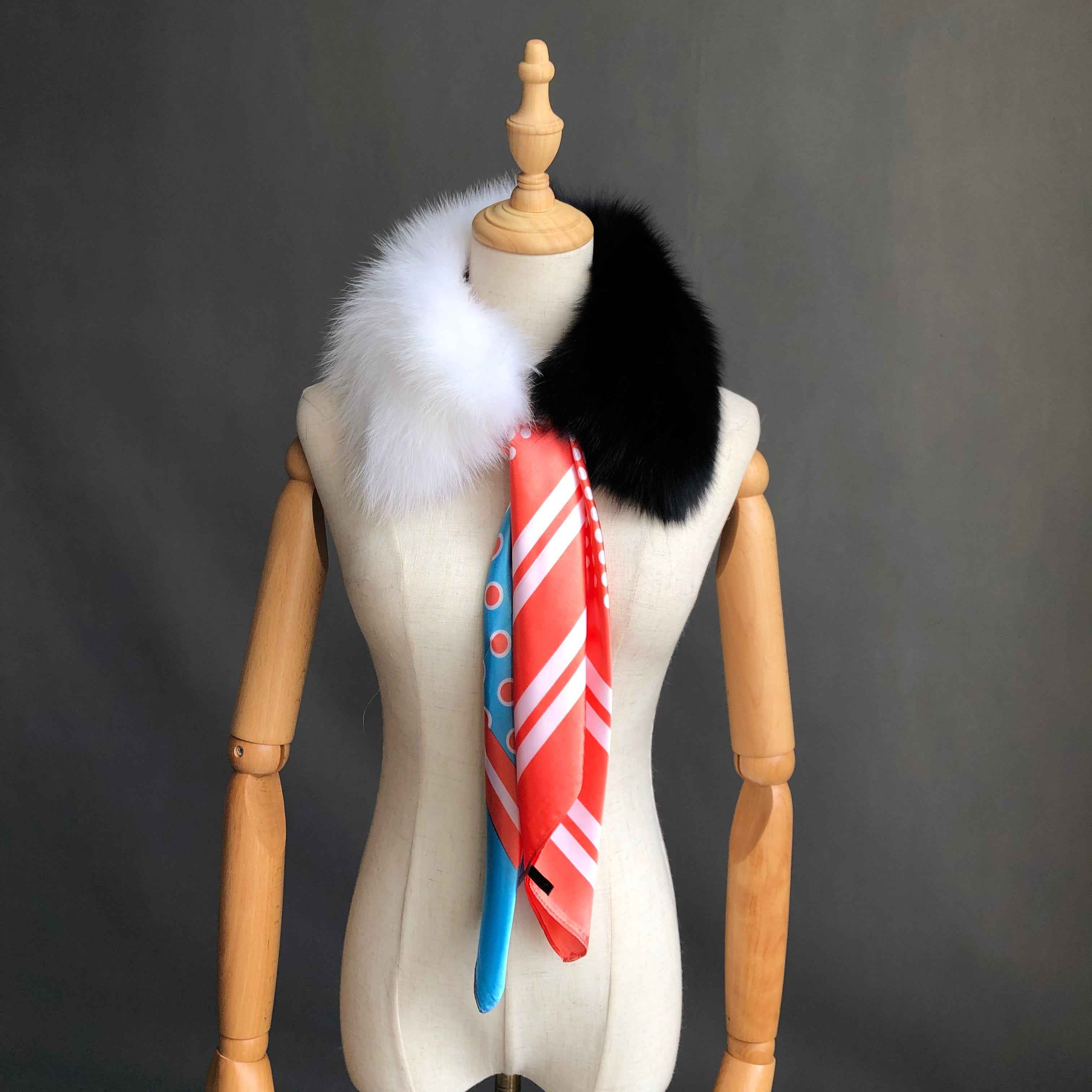 Women's Luxurious Color-Block Fox Fur Small Square Collar with Printed Silk Scarf - Fashion Accessory White Black F