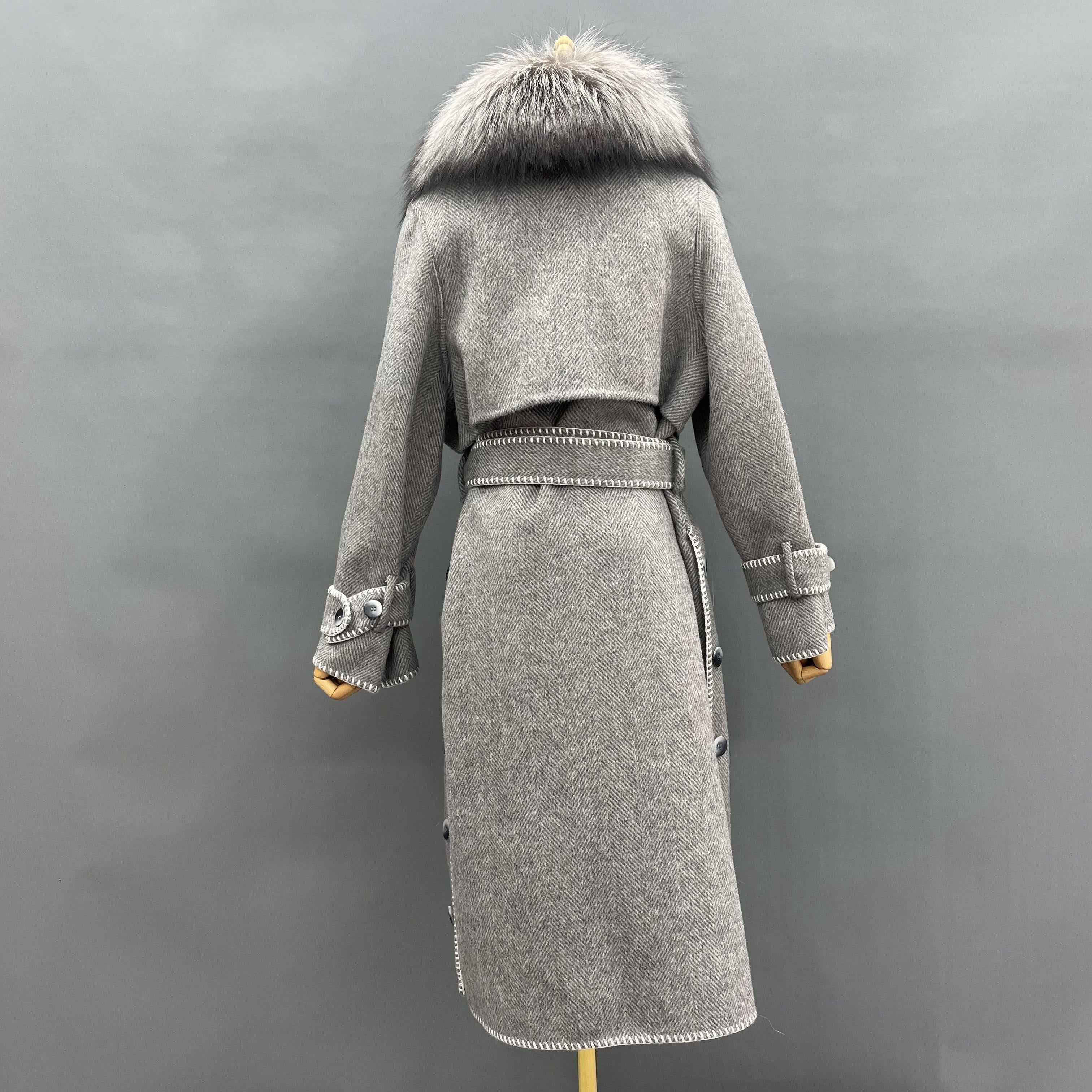 Women's Luxury Double - Faced Herringbone Wool Trench Coat with Large Fox Fur Collar, Belted & Contrast Stitching, Elegant Winter Outerwear