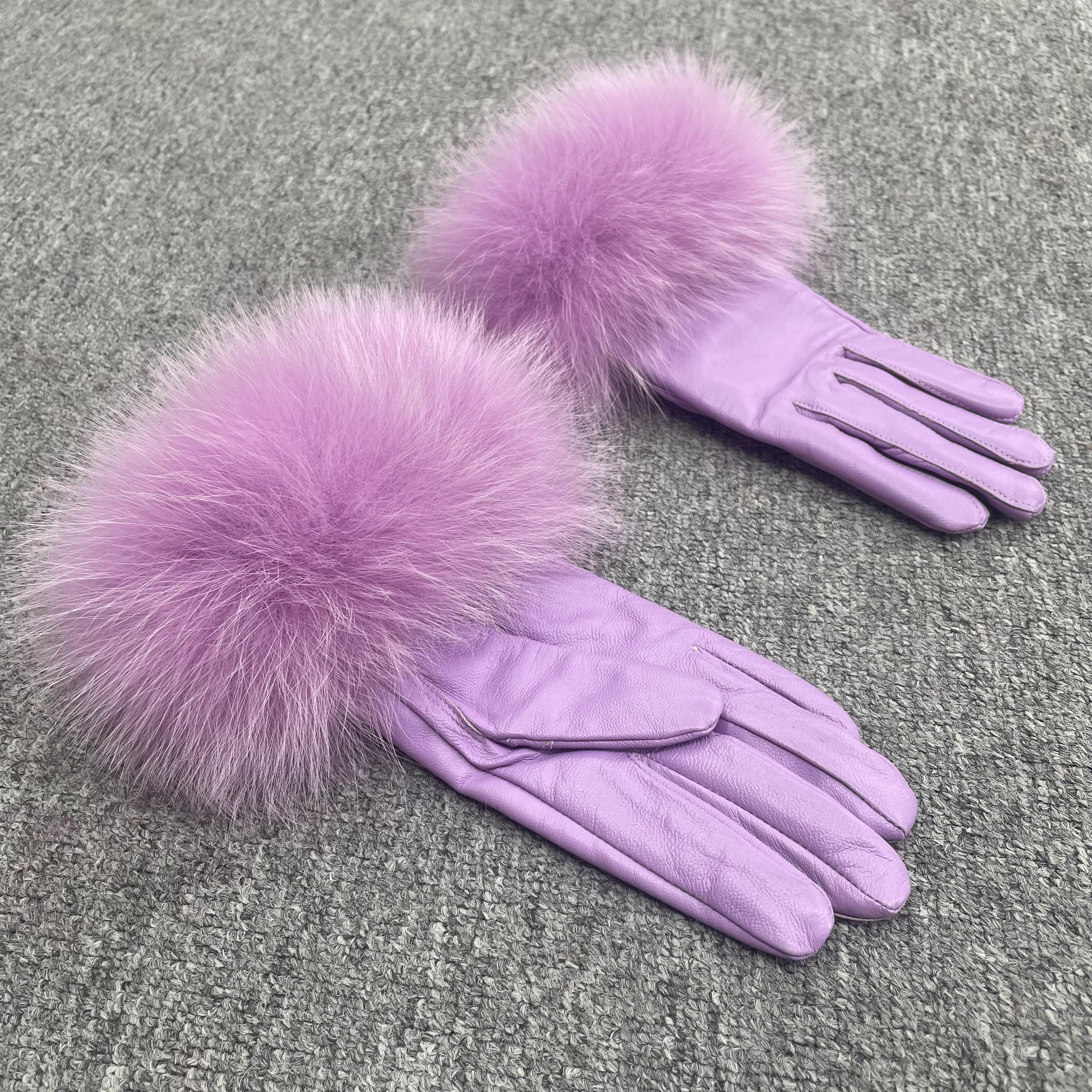 Women’s Black Leather Gloves with Real Fox Fur Trim – Elegant Winter Fashion Accessory for Luxury Style 13 F