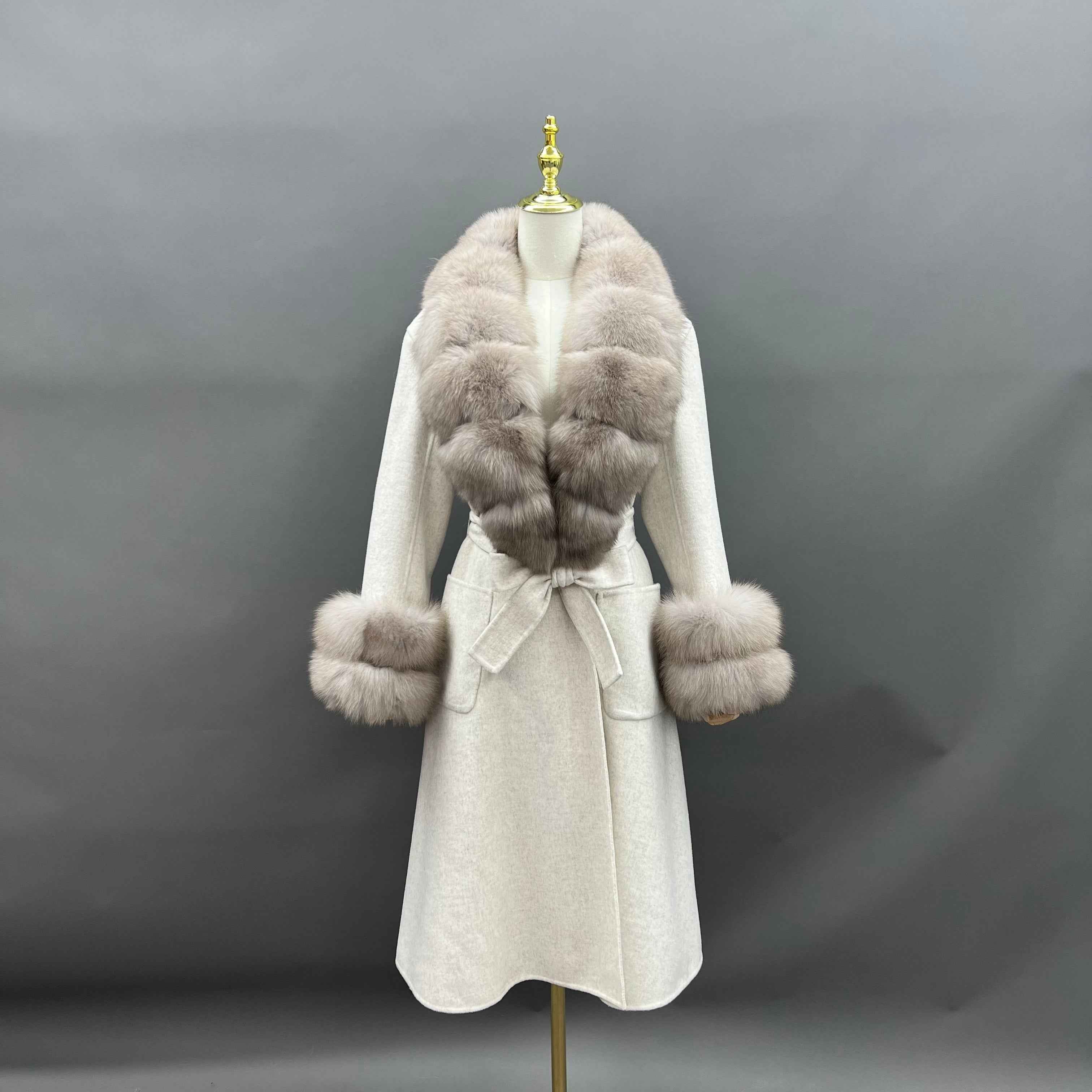Women's Double-Faced Wool Coat with Real Fox Fur Collar – Long Ivory Trench Coat, Elegant Winter Outerwear for Women 24#Oatmeal White