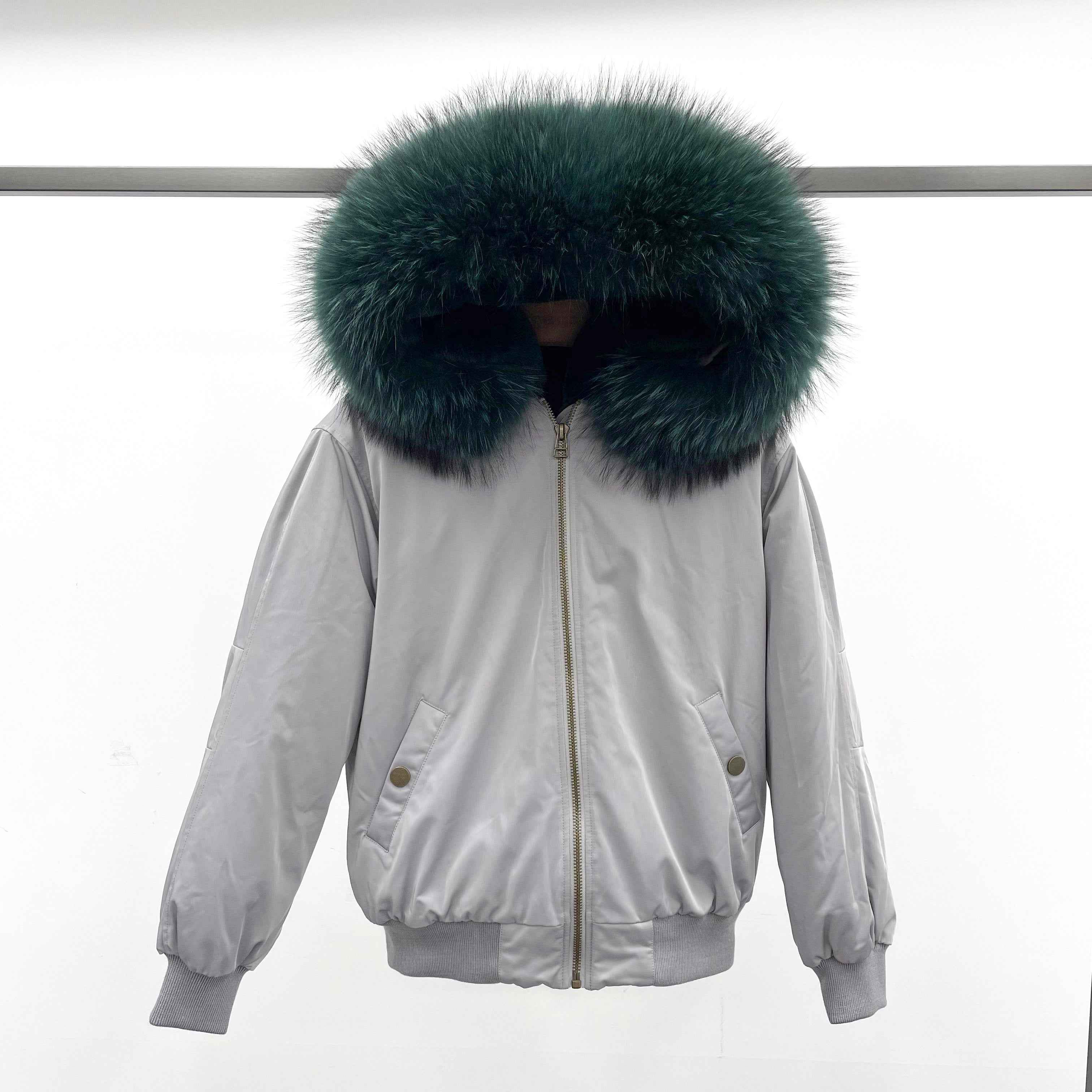 Women's Bomber Jacket with Raccoon Fur Collar – Winter Flight Jacket, Faux Fur Trim Aviator Coat for Cold Weather 5#Grey