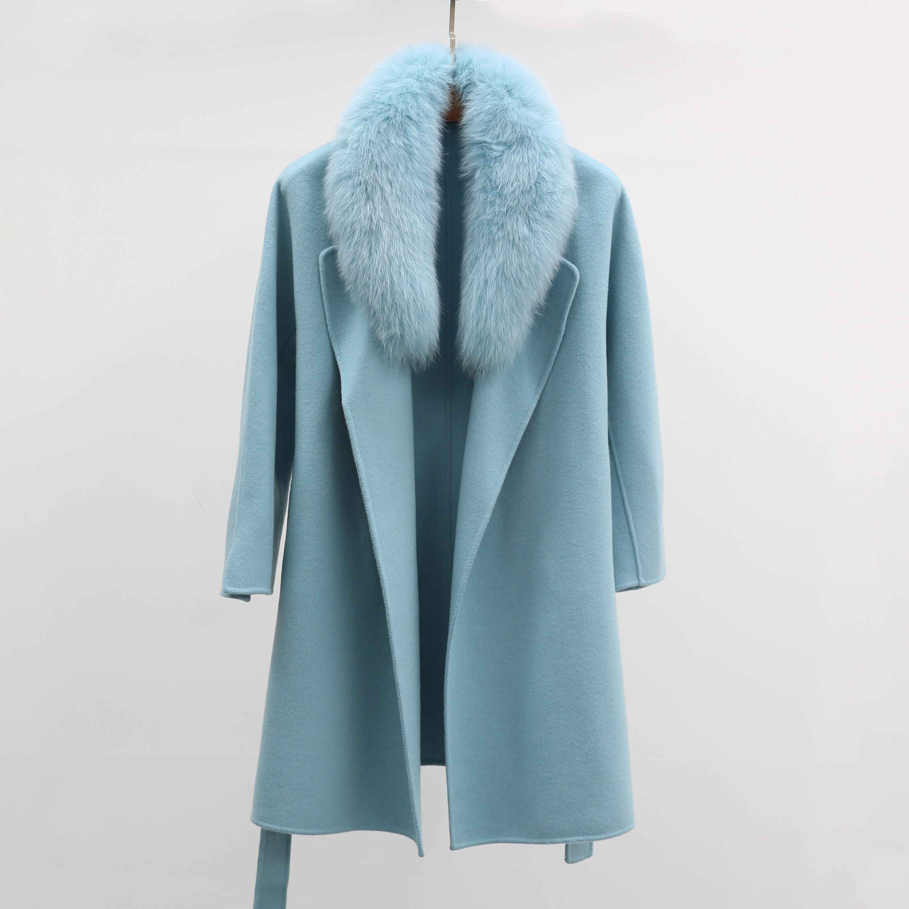 Women's Luxury Double - Faced Wool Coat with Fox Fur Collar, Flared Skirt & Straight Pockets, Elegant Winter Outerwear