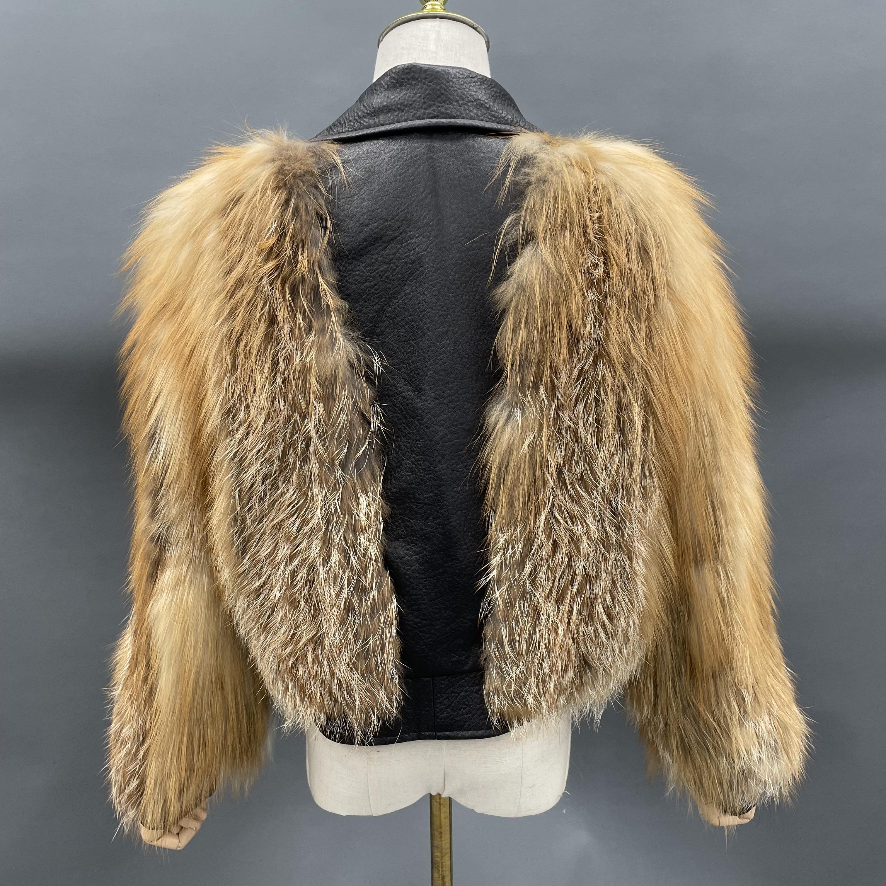 Women's Luxurious Raccoon Dog Fur Knitted Jacket with Leather Notched Lapel - Edgy Winter Outerwear