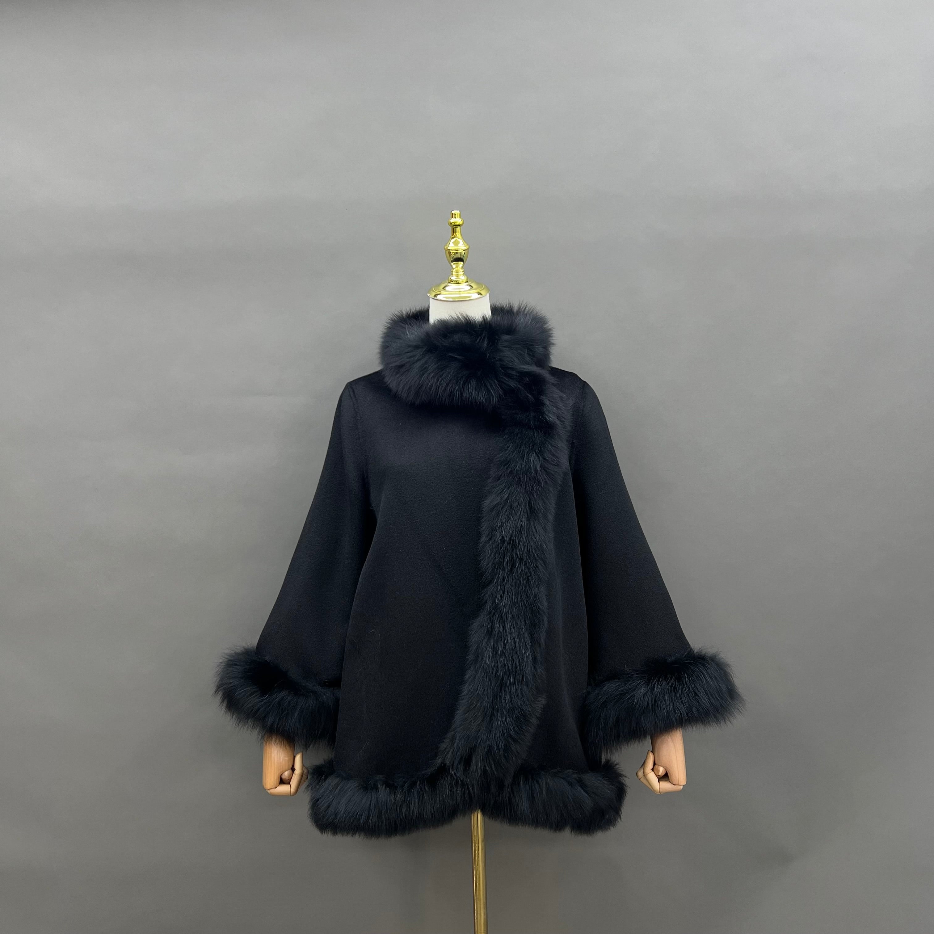 Women's Luxury Double - Faced Wool Cape with Fox Fur Trim 8#Jet Black