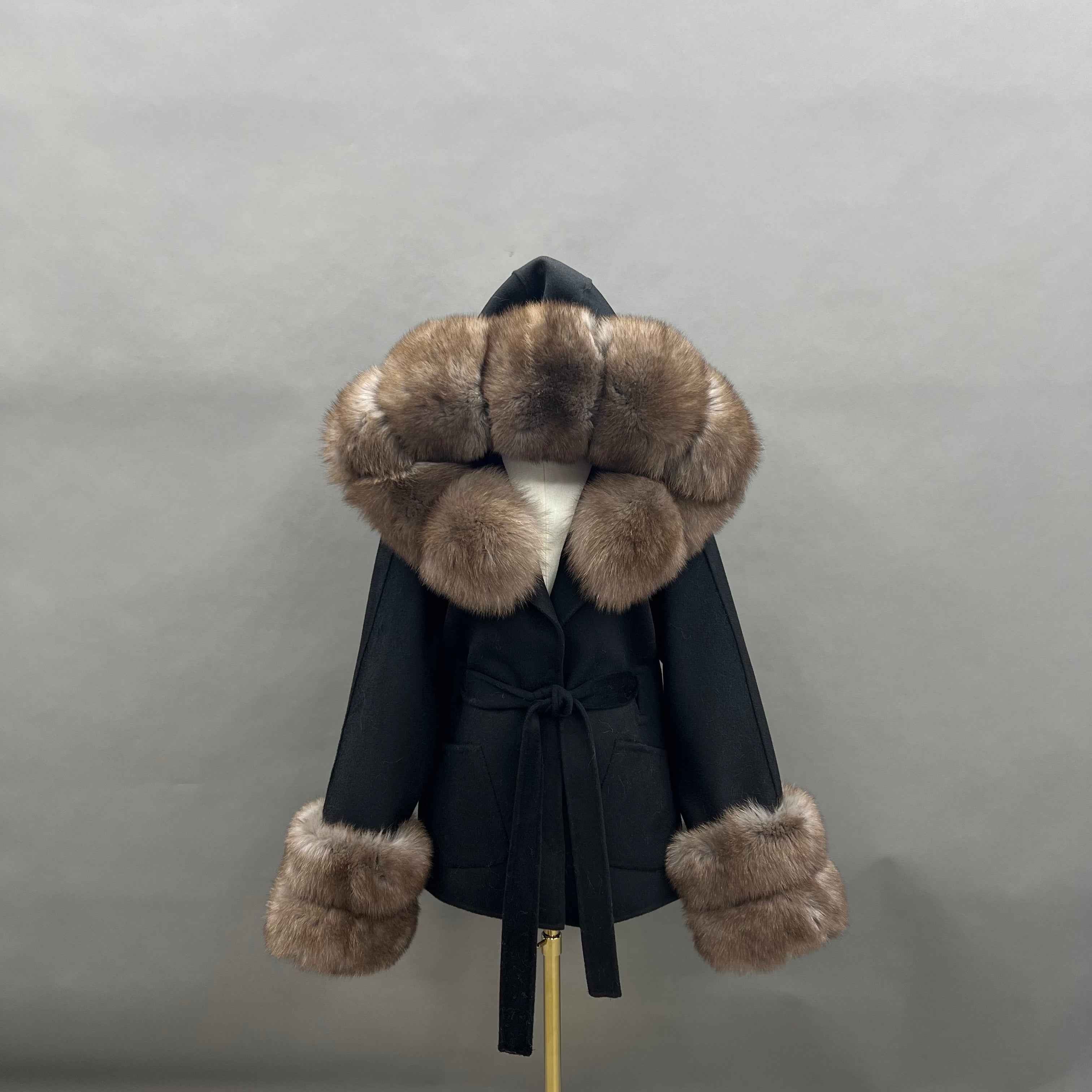 Autumn Winter Black Double - faced Wool Coat with Fox Fur Trim and Tie Waist