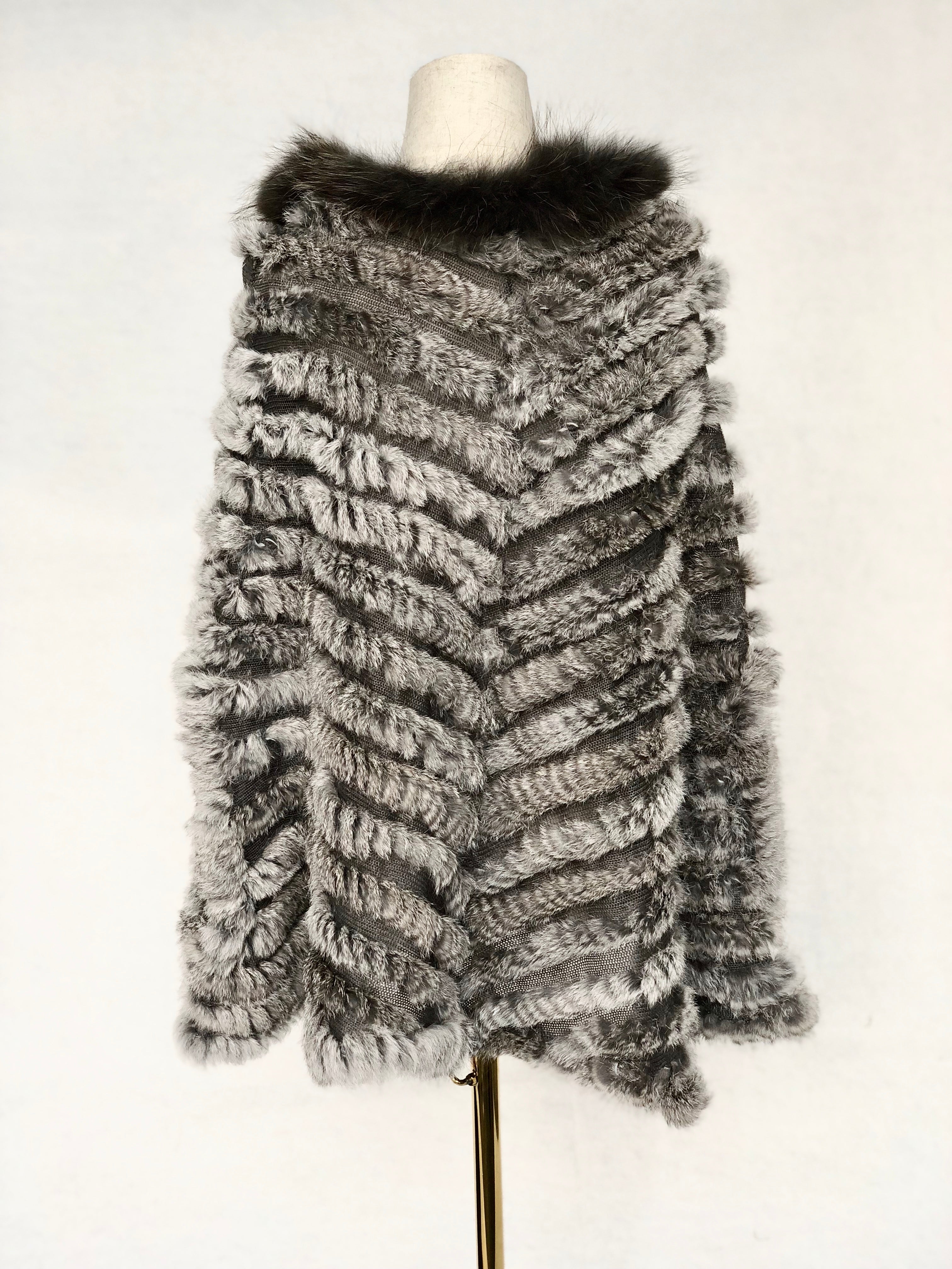 Women's Knitted Rabbit Fur Cape with Fox Fur Collar - Luxurious Winter Accessory