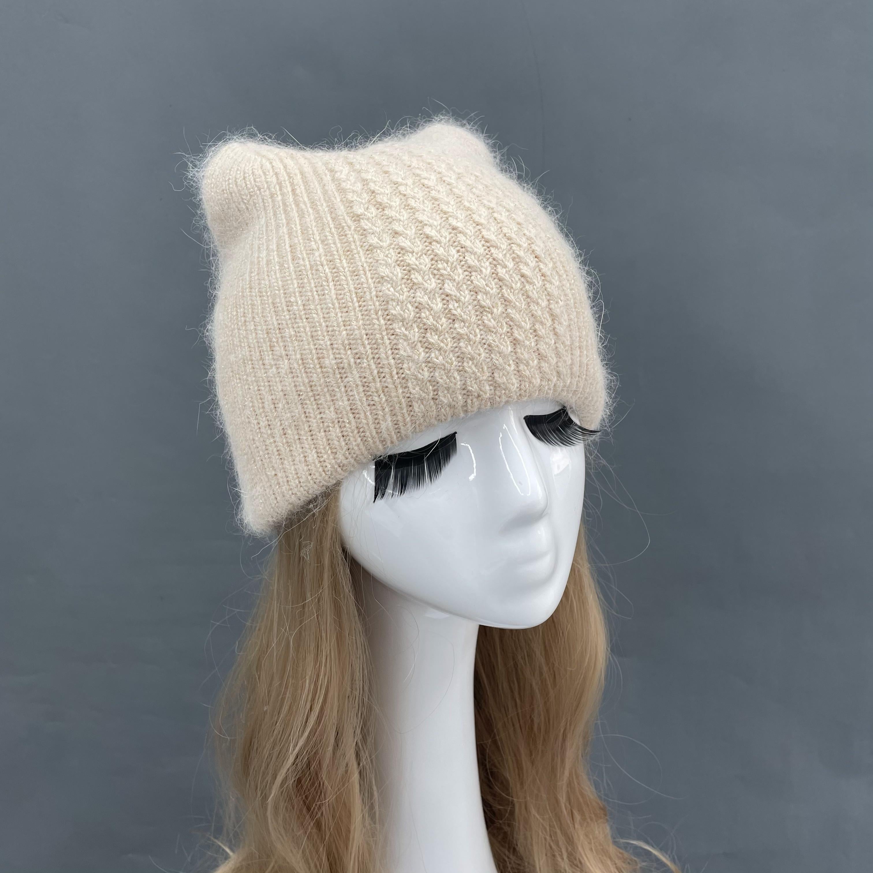 Women Cat Ears Double Layer Knitted Beanie Hat - Janefur