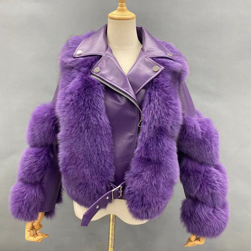Warm Winter Leather Fluffy Real Fox Fur Jacket Women's Short Coat - Janefur