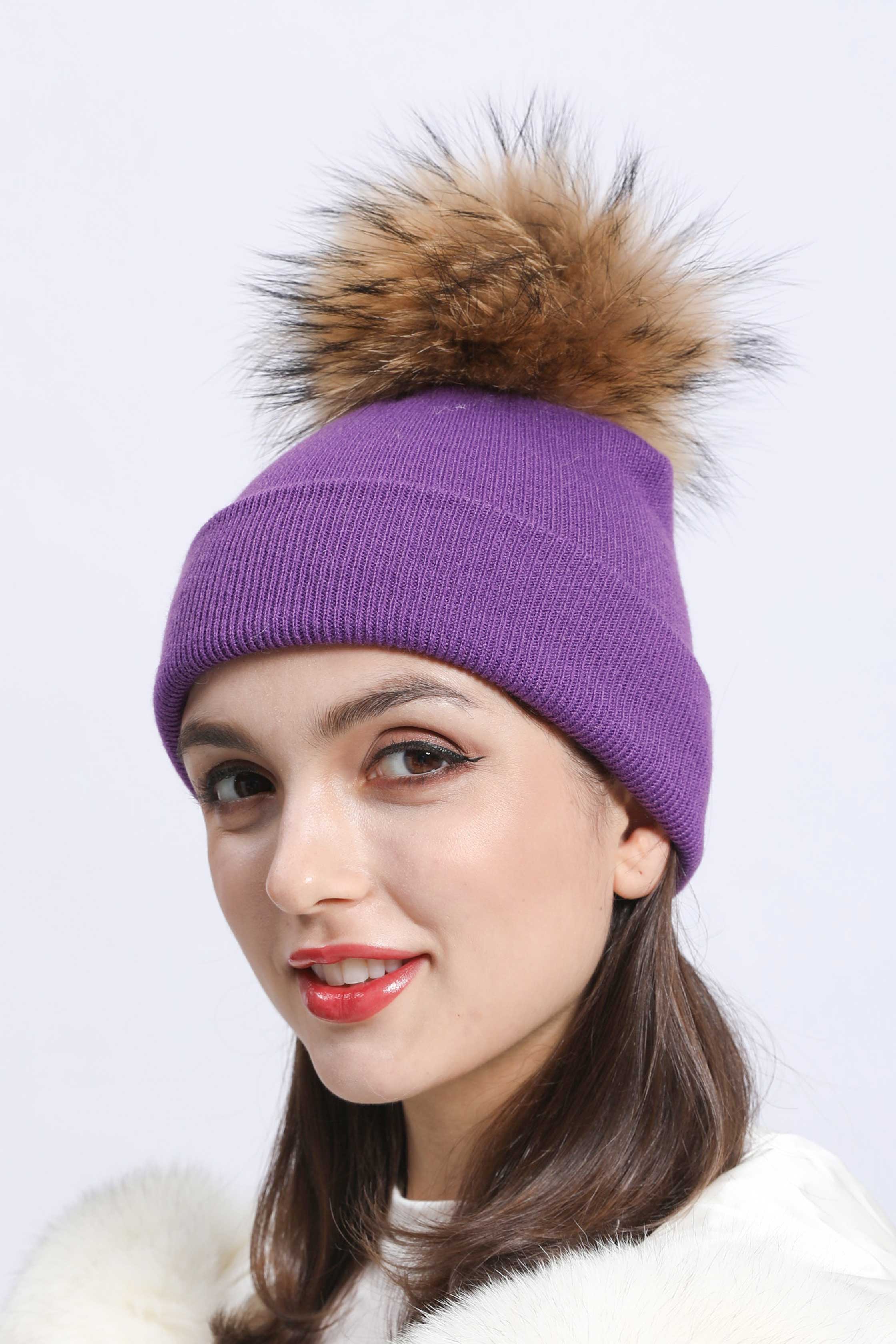 Solid Color Acrylic Knitted Hat with Single Fur Pom Pom Women's Knit Cap - Janefur