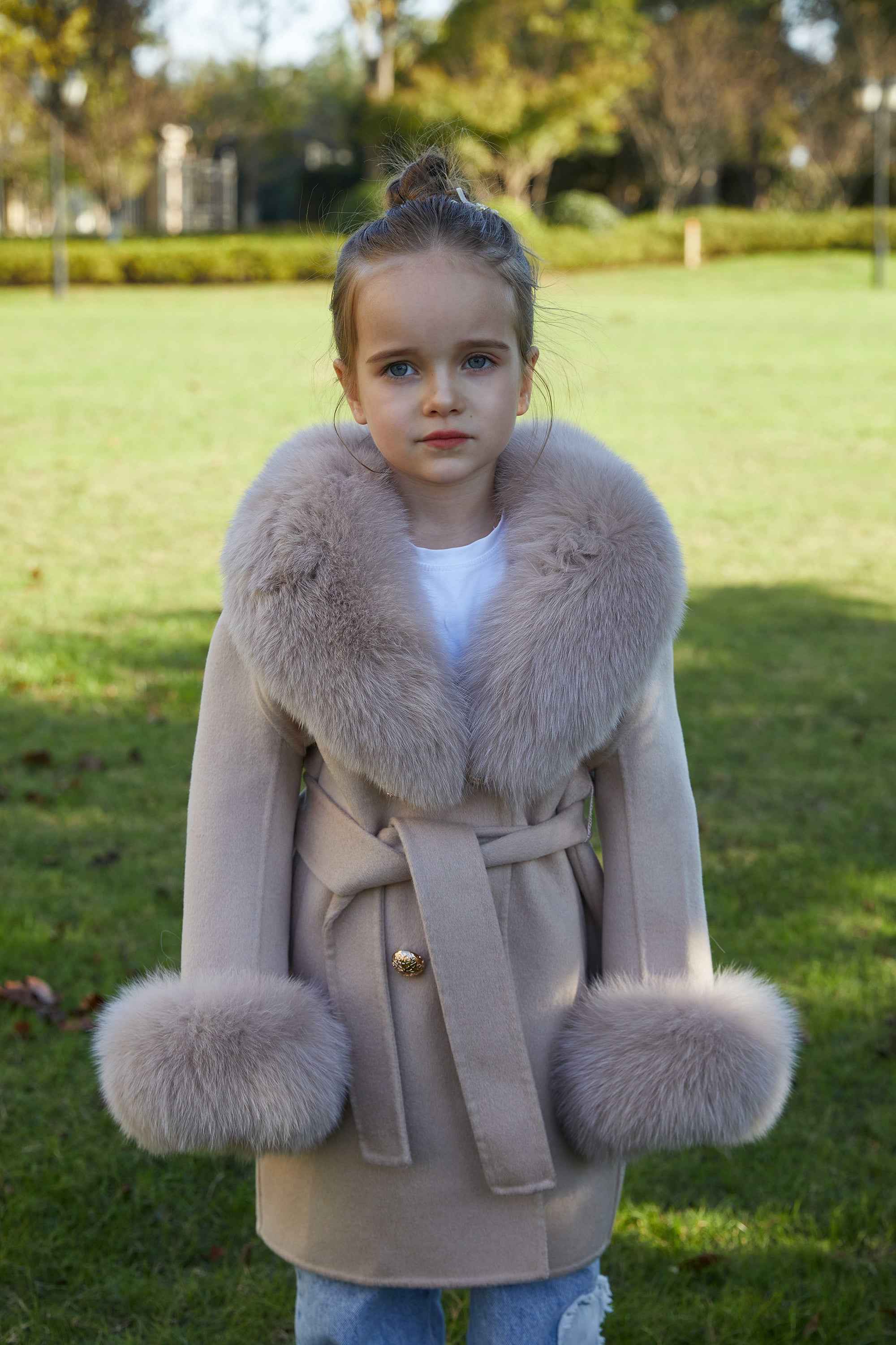 European Style Long Double Side Real Fur Shawl Collar Cashmere Wool Fur Children Coat