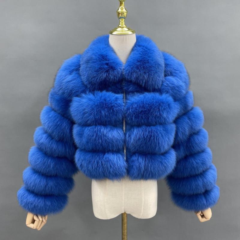 Women's Short Zip Fox Leather Jacket Square Neck Fluffy Fashion Coat - Janefur