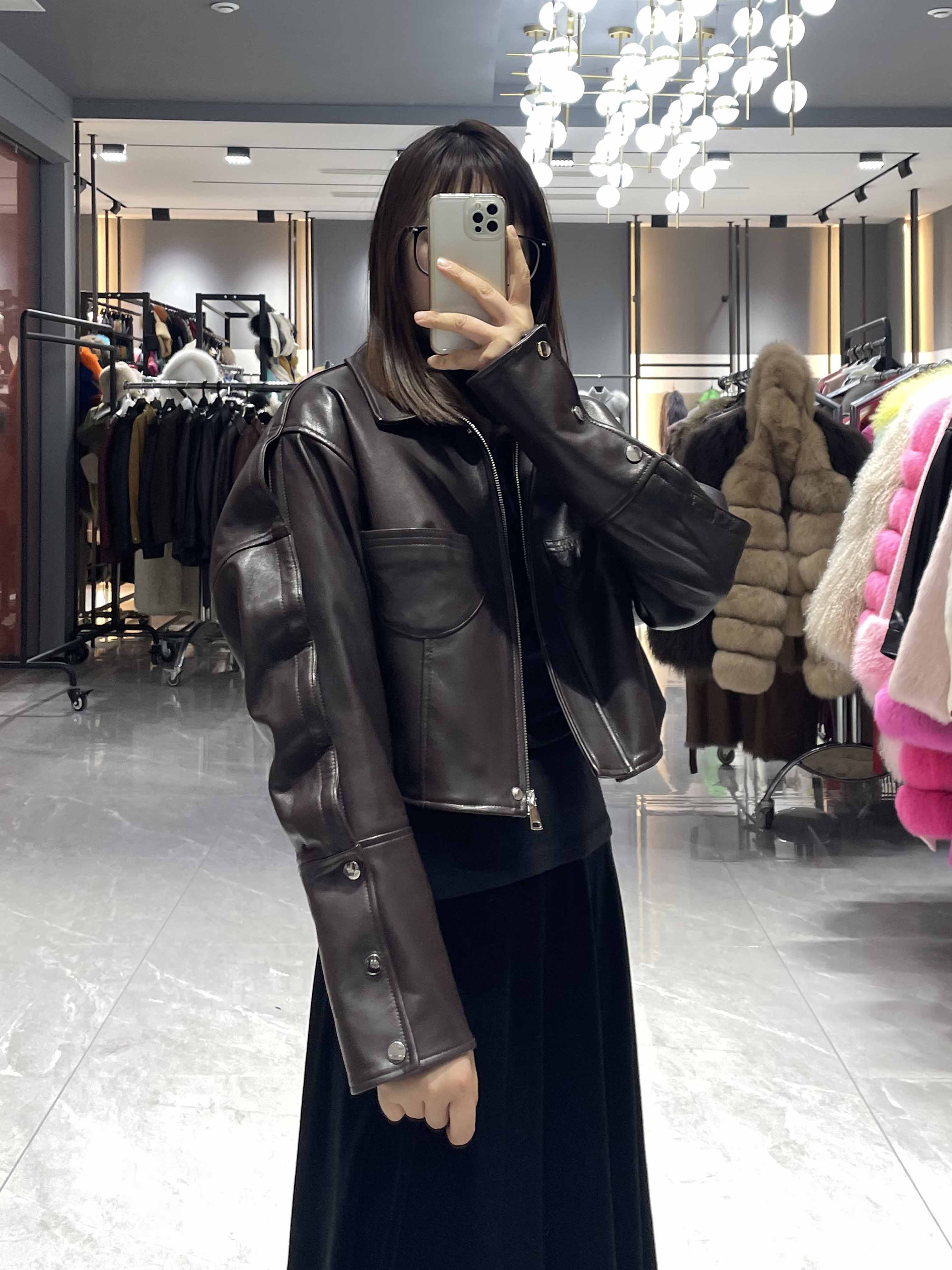 Leather Cropped Jacket with Button Details - Janefur