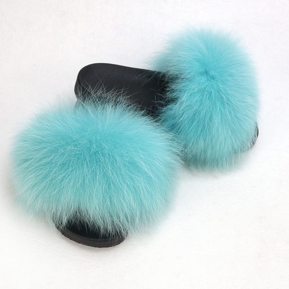 Janefur Wholesale Women's Fashion Slippers With Real Fox Fur Trim (Black, Gold, Silver Soles)