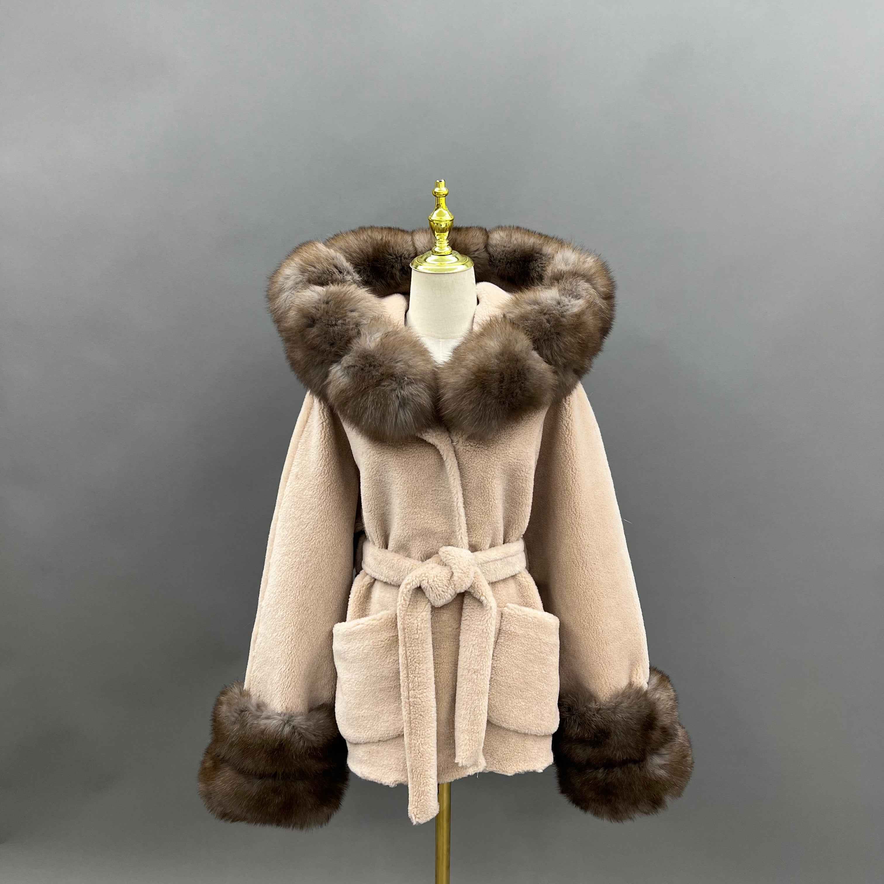 Shearling Coat with Fox Fur Trimmed Hood & Cuffs, Belted Design and Large Pockets
