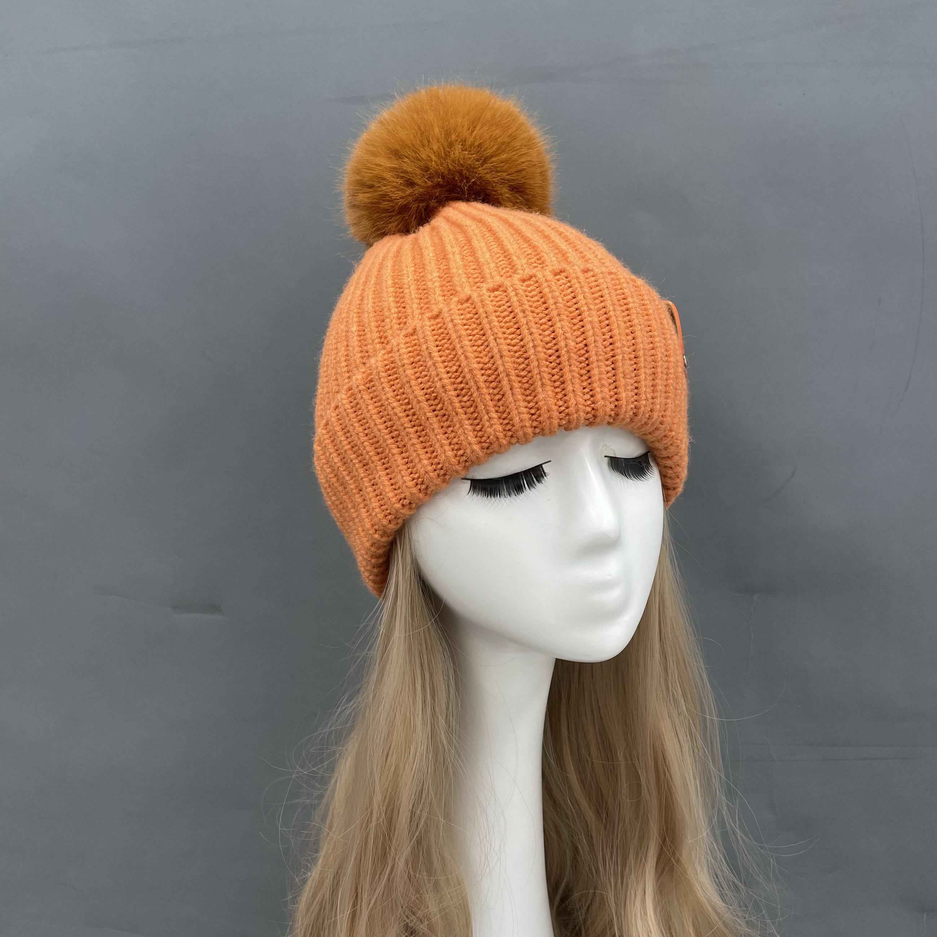 Women's Orange Knit Beanie Hat with Fur Pom-Pom & Leather Patch – Warm Winter Hat for Women, Fashionable & Cozy 5#Bright Orange a20 b32-66