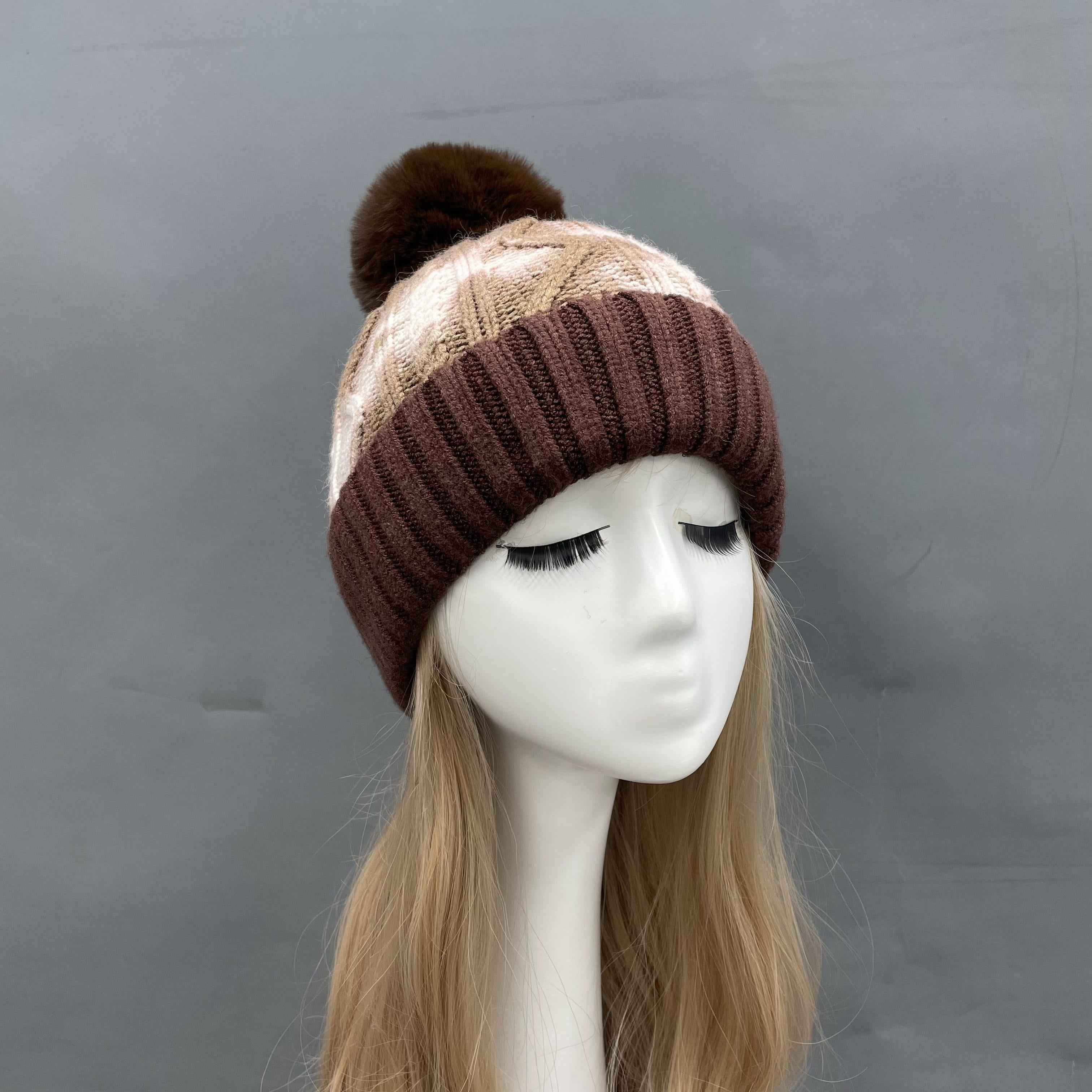 Women's Tie-Dye Knit Beanie with Faux Fur Pom-Pom – Colorful Winter Hat for Women, Trendy & Cozy 5#Deep Brown & Camel Striped a21 b36-64
